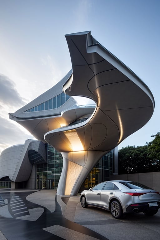 exterior of building, smooth form building, futuristic feeling, design by Zaha Hadid
