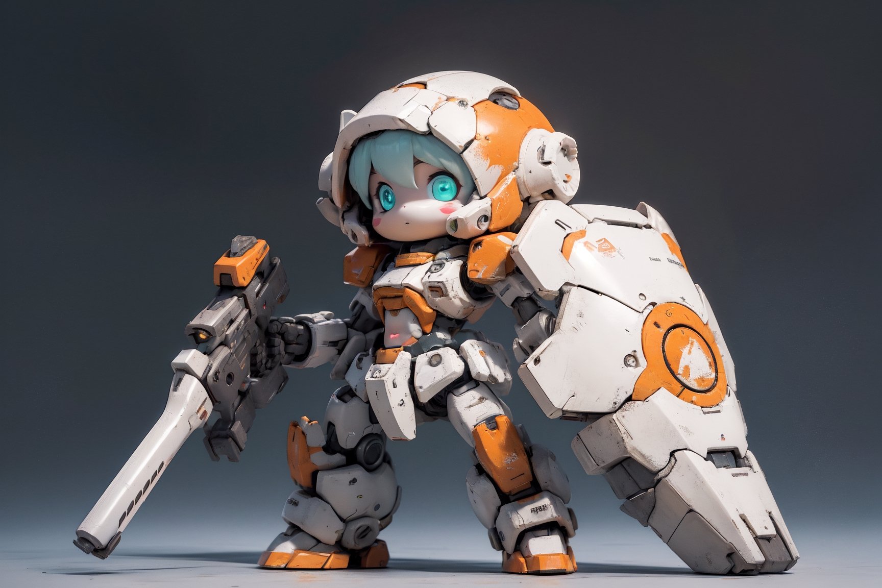 Best quality, masterpiece, high level of detail, ultra hires, masterpiece,  16k wallpaper,  absurdres, concept art,  high level of detail,  (HDR:1.4), blush_stickers,
BREAK

BJ_Cute_Mech, 1 bipedal mech,  solo,  extremely beautiful mech, perfect chibi full body,  mech in distance,  mechanical face,  mech face in detail,  huge mechanical head in detail,  hard surface face,  two huge jade eyes like mecanical camera lends, perfect chibi full body, extremely small torso,  weapon,  holding_shield in mech's left hand ,  Assault rifle,  helmet, holding_ Assault rifle in mech's right hand,  android,  


joints,  robot_joints,  orange rivet on joints,  hard surface,  heavy armored head and body, heavy armored arms and legs, the mech is white and orange in color,  the mech has a round head and a triangular visor,  the mech’s head is small,  the mech’s head is integrated with the mech’s body,  no neck,  The mech’s body is a small white oval-shaped box,  the box is connected to the mech’s head and shoulders,  the body has an orange line on the front,  the line separates the mech’s chest and abdomen,  the body has an orange circular part on the side,  the part separates the mech’s waist and abdomen, standing pose,  
BREAK

//Background
steampunk battle field  background,  depths of deep field, broken machines, many gears, many machines, 

//Effect
cinematic lighting, light effects, blooming light effects,paper collage, layered composition,structured patterns,(mixed media aprroach,  creative doodling, artistic expression, Zentangle:1.4), ,battlebots