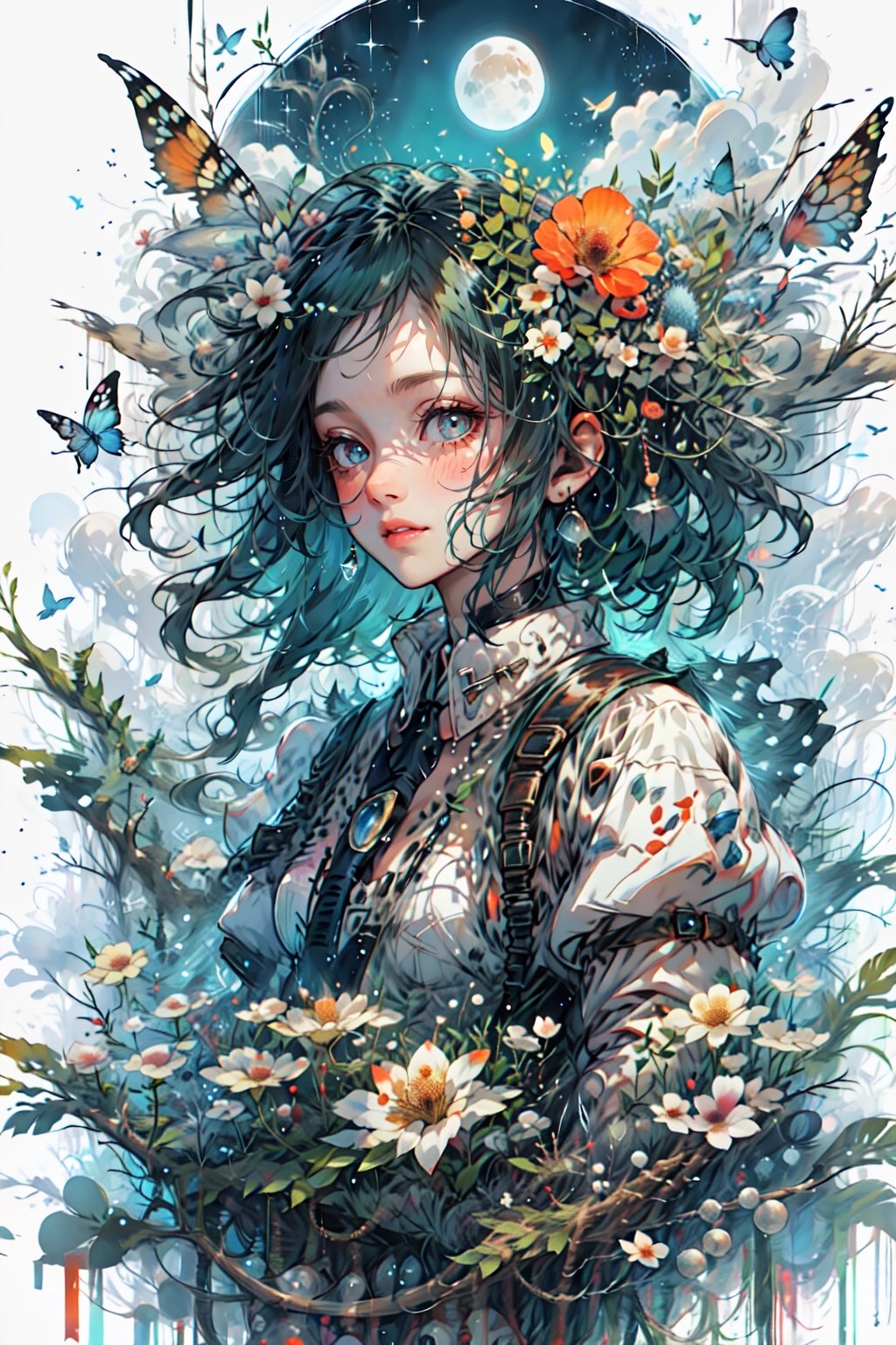 Maximalism, masterpiece, top quality, 8k, high resolution, super detailed, absurd, vivid contrast, insanely detailed,
BREAK
1girl, (Beautiful face, brightly colored shining eyes, clear skin, shiny hair: 1.2),
BREAK
(Flowers, butterflies, wind, moon:1.3)
BREAK
(Full-length composition:1.4),girl, CrclWc