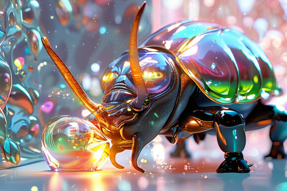 A shining rhinoceros beetle with a cybernetic crystal shell, crawling over a luminous, Whimsical Macro shot of a whimsical creature with large golden eyes, resembling a rhinoceros beetle with long hair, coming through a whole in the wall which is surrounded by multicolour splashes, head and paws first, white background,, Ultra High Definition,HD,3D 8k