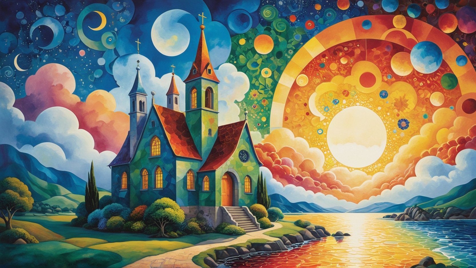 oil painting concept art, vibrant color, 

The Southern Star Atlas, (Teppei Sasakura style:1.5),  (Pointillism:1.3), (papercutting:1.2), cutout picture, (HDR:1.4), high contrast, stained glass,

sunset, clouds with angel halo, a vibrant colorful stained glass clouds is flying in the sunset sky, Create a whimsical and vibrant flower garden townscape with colorful, fantastical buildings, strange buildings, shore of a vibrant cluttered town, The color palette include vibrant warm colors with contrasting highlights and shadows to give depth, The brushwork is rough with clean lines for the buildings and more fluid strokes for the sky and water reflections, The overall art style evoke elements of surrealism mixed with folk art, Draw inspiration from artists like Marc Chagall for dreamlike scenes and Joan Miró for bold colors and shapes,

a image for a póster of psytrance festival, contains fractals, spiritual composition, the imagen evoke happiness and energy. the imagen contains organic textures and surreal composition. some parts of the image evoke a las trip,
