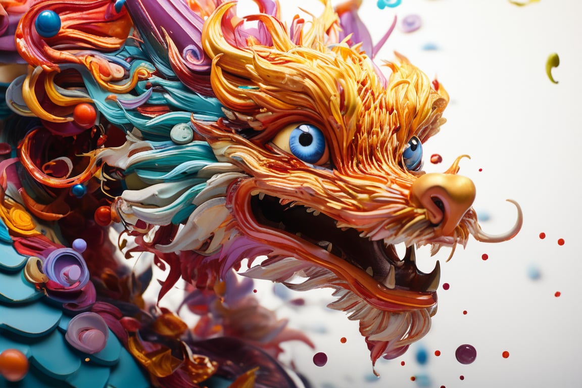 Whimsical Macro shot of a whimsical chinese  dragon with intricately large golden eyes, resembling a fluffy dragon with long hair, coming through a whole in the wall which is surrounded by multicolour splashes, head and paws first, white background, bright detailed eyes, Ultra High Definition,HD,3D 8k