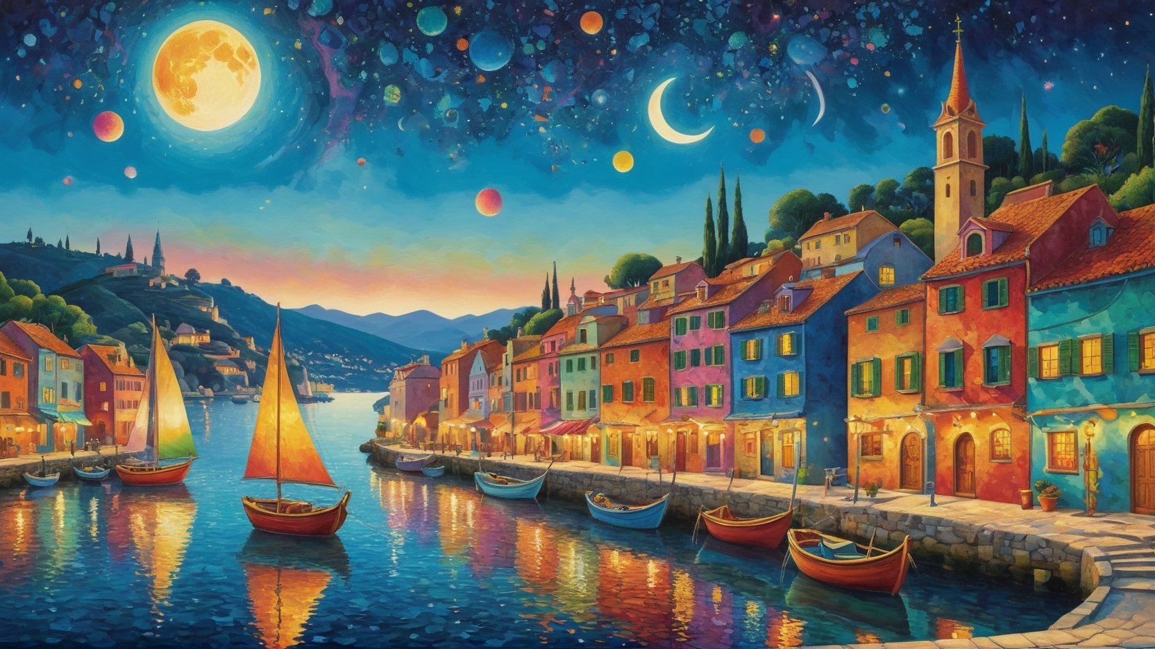 oil painting concept art, vibrant color, 

The Southern Star Atlas, (Teppei Sasakura style:1.5),  (Pointillism:1.3), (papercutting:1.2), cutout picture, (HDR:1.4), high contrast, 

Create a whimsical and vibrant port townscape with colorful, fantastical buildings and Wooden yacht, shore of a port town The color palette should include vibrant colors with contrasting highlights and shadows to give depth, The brushwork is smooth with clean lines for the buildings and more fluid strokes for the sky and water reflections, The overall art style evoke elements of surrealism mixed with folk art, Draw inspiration from artists like Marc Chagall for dreamlike scenes and Joan Miró for bold colors and shapes, snset, shining crescent moon,

a image for a póster of psytrance festival, contains fractals, spiritual composition, the imagen evoke happiness and energy. the imagen contains organic textures and surreal composition. some parts of the image evoke a las trip,