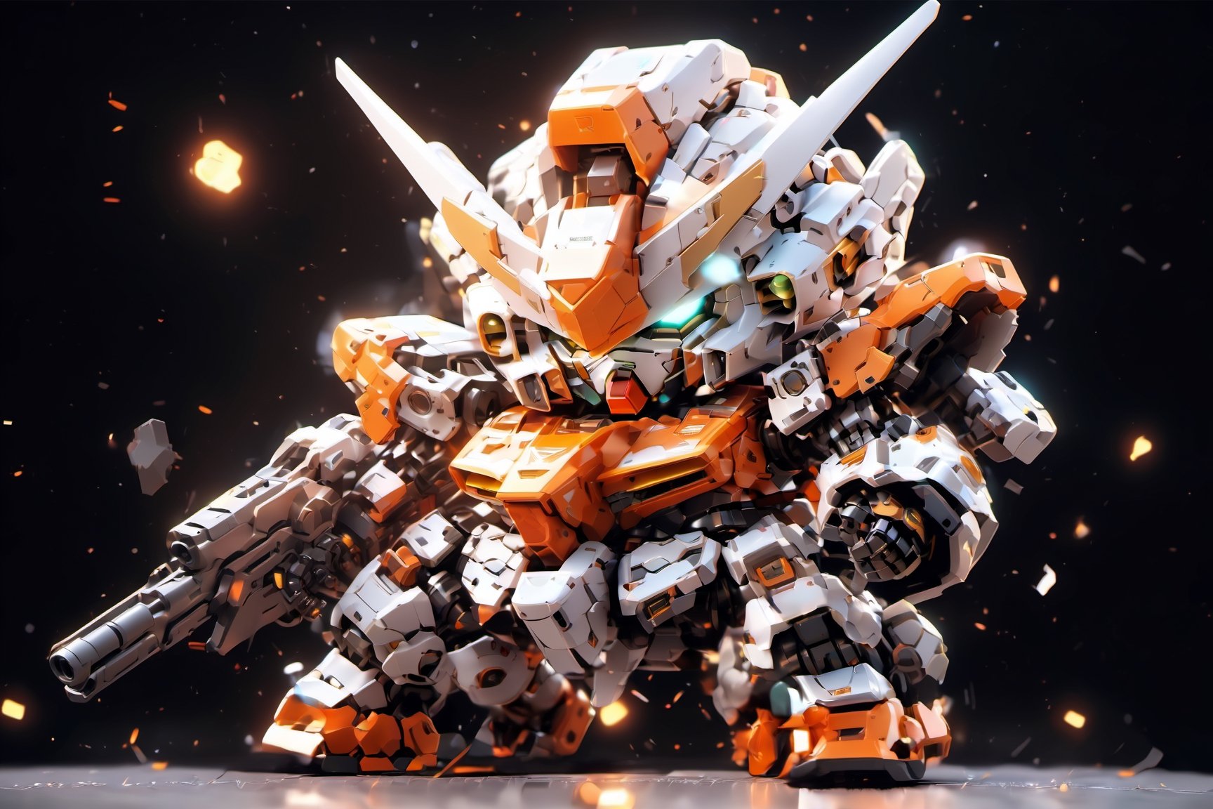 Best quality, masterpiece, high level of detail, ultra hires, masterpiece,  16k wallpaper,  absurdres, concept art,  high level of detail,  (HDR:1.4), blush_stickers,
BREAK

BJ_Cute_Mech, 1 bipedal mech,  solo, chibi,  extremely beautiful mech, perfect chibi full body,  mech in distance,  mechanical face,  mech face in detail,  huge mechanical head in detail,  hard surface face,  two huge jade eyes like mecanical camera lends, perfect chibi full body, extremely super small torso,  weapon,  (holding_shield in mech's left hand:1.5) ,  (gun:1.5),  helmet, holding_ mechanical weapon in mech's right hand, chibi android,  joints,  robot_joints,  orange rivet on joints,  hard surface,  heavy armored head and body, heavy armored arms and legs,
BREAK

//Background
(steampunk field  background:1.5),  depths of deep field, broken machines, many gears, many machines, 

//Effect
cinematic lighting, light effects, blooming light effects,paper collage, layered composition,structured patterns,(mixed media aprroach,  creative doodling, artistic expression, Zentangle:1.4), ,photo r3al,chibi,ROBOT,chibi gundam