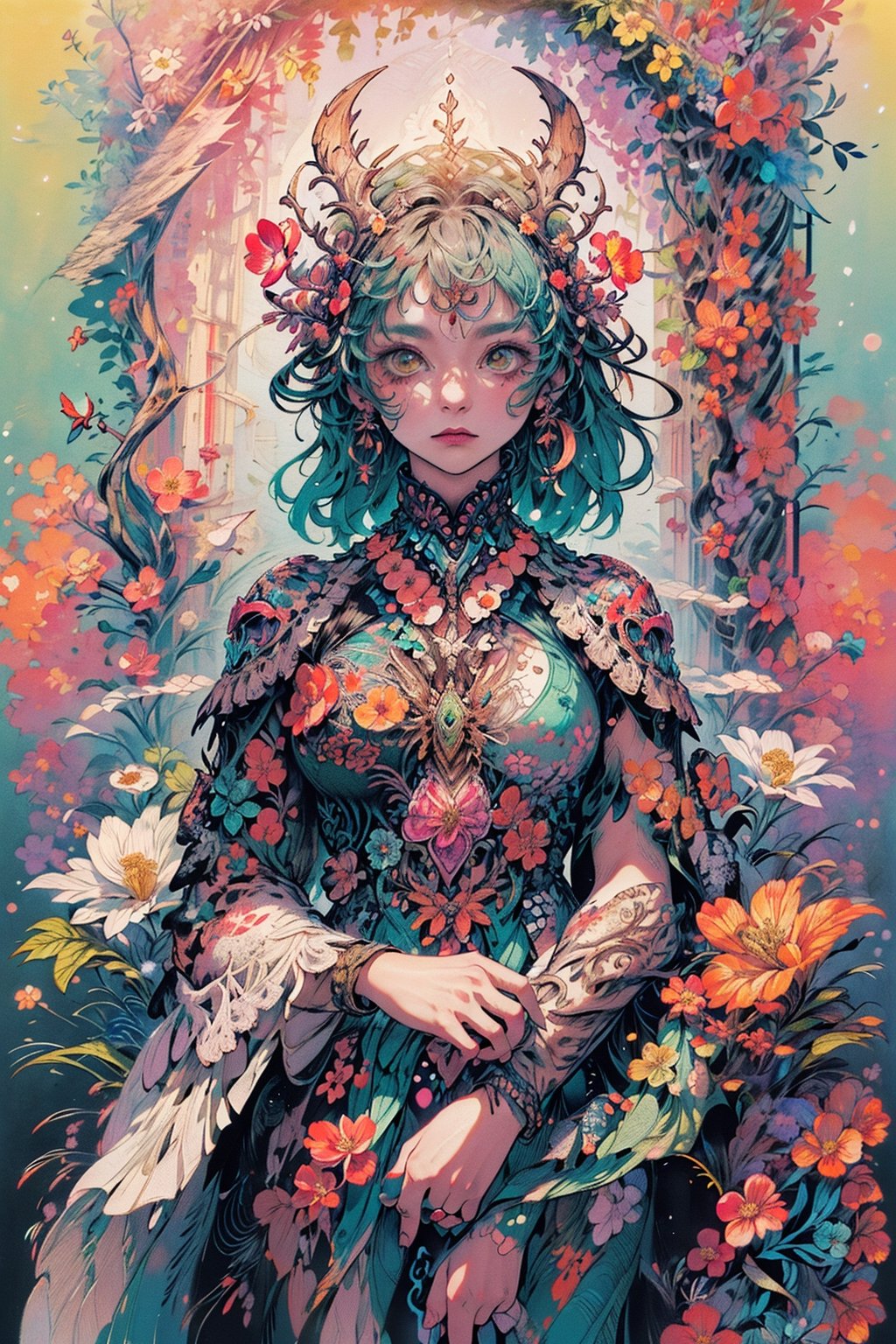 high resolution,  ultra detailed,  (masterpiece:1.4),  taeri,  busty,  super photo realistic illustration,  highres,  ultla detailed,  absurdres,  best quality,  woman,  flower dress,  colorful,  darl background,  flower armor,  green theme,  exposure blend,  medium shot,  bokeh,  (hdr:1.4),  high contrast,  (cinematic,  teal and orange:0.85),  (muted colors,  dim colors,  soothing tones:1.3),  (god bless you:1.3), 
compassionate expression,  empathetic,  caring,  kind, 
content expression,  satisfied,  pleased,  gratified, 
thoughtful expression,  pensive,  reflective,  contemplative, 
determined expression,  resolute,  purposeful,  firm, 

(colorful:1.5),  glowing lights,  pillar of lights,  blooming light effect, 
papier colle,  paper collage,  layered compositions,  varied textures,  abstract designs,  artistic juxtapositions,  mixed-media approach, 
(Zentangle:1.5),  structured patterns,  meditative drawing,  intricate designs,  focus and relaxation,  creative doodling,  artistic expression