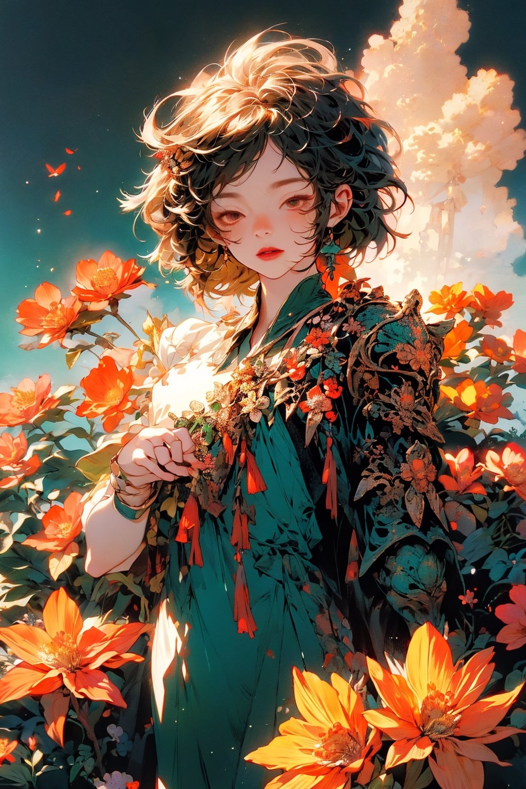 high resolution,  ultra detailed,  (masterpiece:1.4),  taeri,  super photo realistic illustration,  highres,  ultla detailed,  absurdres,  best quality,  woman,  flower dress,  colorful,  darl background,  flower armor,  green theme,  exposure blend,  medium shot,  bokeh,  (hdr:1.4),  high contrast,  (cinematic,  teal and orange:0.85),  (muted colors,  dim colors,  soothing tones:1.3)