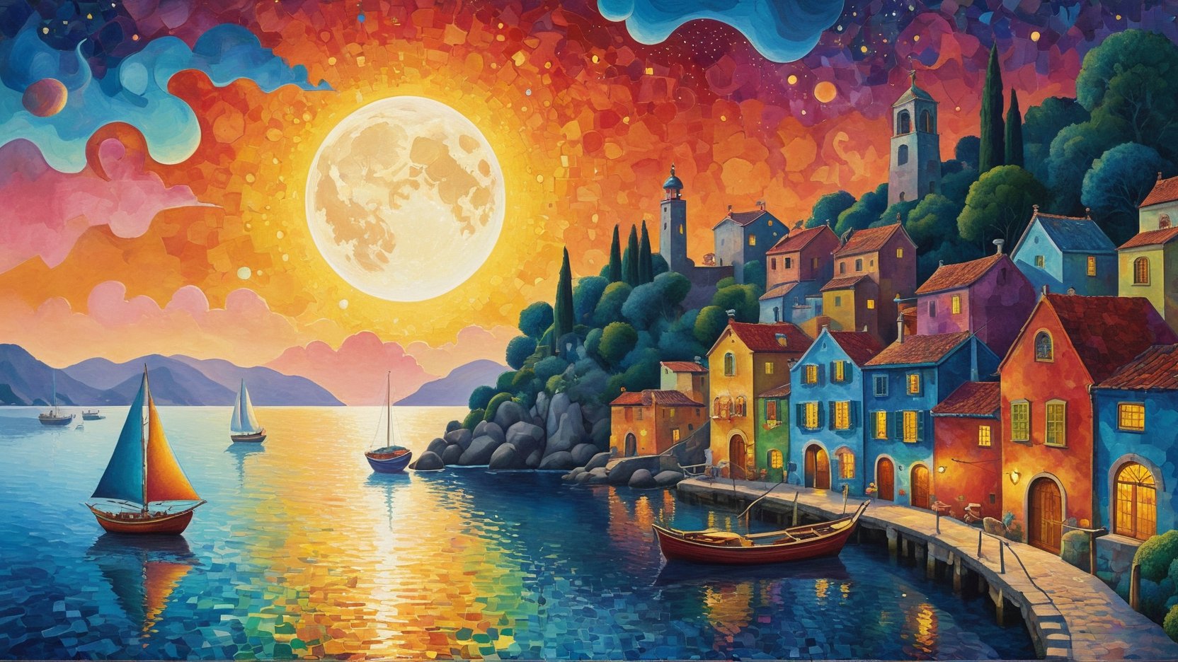 oil painting concept art, vibrant color, 

The Southern Star Atlas, (Teppei Sasakura style:1.5),  (Pointillism:1.3), (papercutting:1.2), cutout picture, (HDR:1.4), high contrast, 

Create a whimsical and vibrant port townscape with colorful, fantastical buildings and Wooden yacht, shore of a port town The color palette should include vibrant colors with contrasting highlights and shadows to give depth, The brushwork is smooth with clean lines for the buildings and more fluid strokes for the sky and water reflections, The overall art style evoke elements of surrealism mixed with folk art, Draw inspiration from artists like Marc Chagall for dreamlike scenes and Joan Miró for bold colors and shapes, snset, shining crescent moon,

a image for a póster of psytrance festival, contains fractals, spiritual composition, the imagen evoke happiness and energy. the imagen contains organic textures and surreal composition. some parts of the image evoke a las trip,