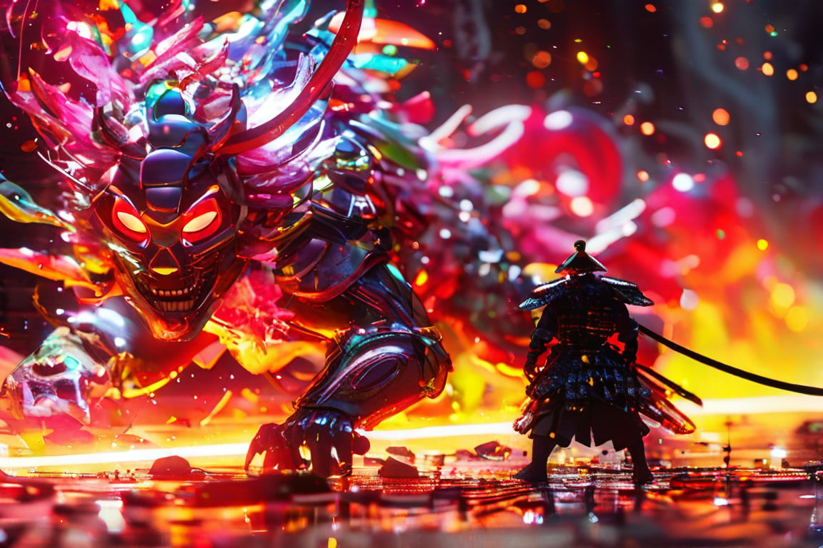 A shining samurai with a cybernetic crystal beast, crawling over a luminous, Whimsical Macro shot of a whimsically phantom beast with large golden eyes, resembling a samurai with fire Scales armor, (coming through a whole in the wall which is surrounded by multicolour splashes:1.3), head and paws first, white background,, Ultra High Definition,HD,3D 8k