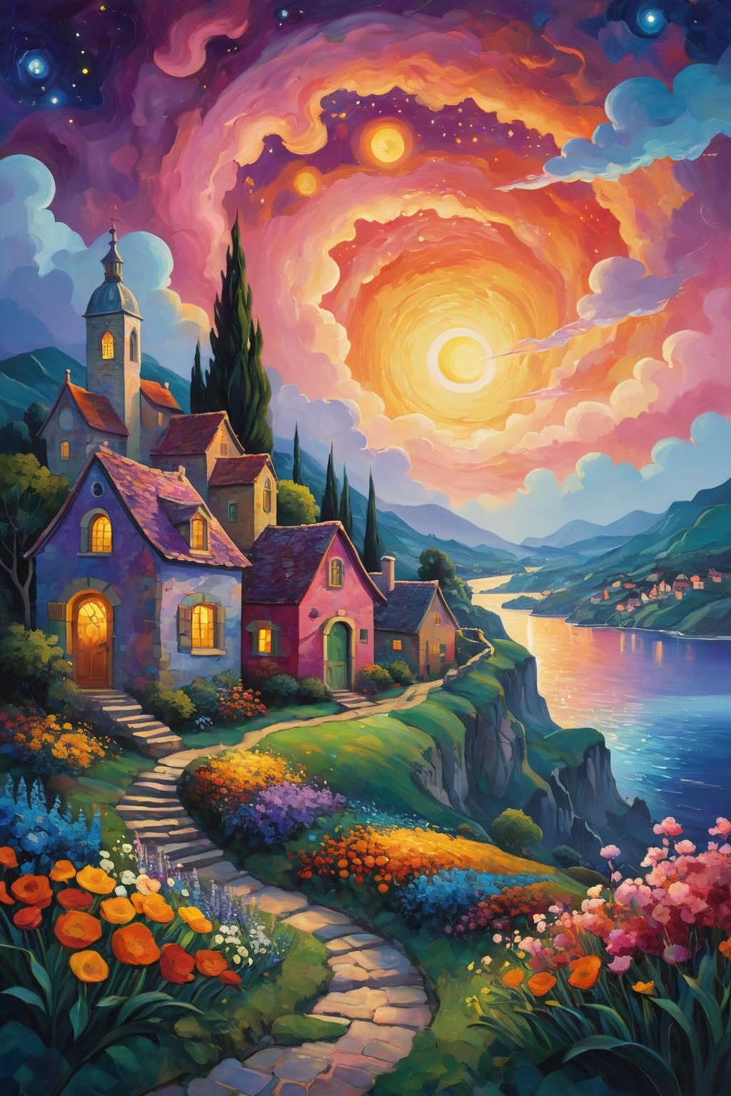 oil painting concept art, vibrant color, 

The starry night style, van gogh style, 

Colorful houses lining the old town surrounded by abundant flower. A peaceful night descends, with a beautiful sunset sky and colorful, storybook-like clouds, 

Create a whimsical and vibrant townscape with colorful, fantastical buildings, The color palette should include bright pinks, oranges, blues, and purples, with contrasting highlights and shadows to give depth, The brushwork should be smooth, with clean lines for the buildings and more fluid strokes for the sky and water reflections, The overall art style should evoke elements of surrealism mixed with folk art, Draw inspiration from artists like Marc Chagall for dreamlike scenes and Joan Miró for bold colors and shapes,

a image for a póster of psytrance festival, contains fractals, spiritual composition, the imagen evoke happiness and energy. the imagen contains organic textures and surreal composition. some parts of the image evoke a las trip