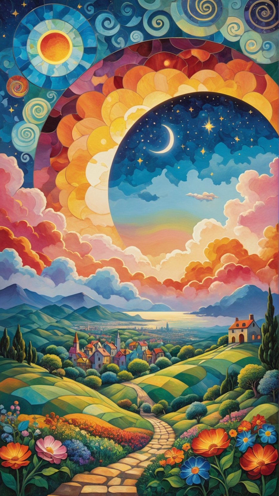 oil painting concept art, vibrant color, 

The Southern Star Atlas, (Teppei Sasakura style:1.5),  (Pointillism:1.3), (papercutting:1.2), cutout picture, (HDR:1.4), high contrast, intricately stained glass,

sunset, 1 Crescent moon, Cumulonimbus clouds with angel halo, a vibrant colorful stained glass clouds, (1 large stained glass sun flying in the sunset sky:1.3), Create a whimsical and vibrant flower garden townscape with colorful, fantastical buildings, many strange buildings, Many buildings stand on the slope of the hill ,?hill of a vibrant town, The color palette include vibrant warm colors with contrasting highlights and shadows to give depth, The brushwork is rough with clean lines for the buildings and more fluid strokes for the sky and water reflections, The overall art style evoke elements of surrealism mixed with folk art, Draw inspiration from artists like Marc Chagall for dreamlike scenes and Joan Miró for bold colors and shapes,

a image for a póster of psytrance festival, contains fractals, spiritual composition, the imagen evoke happiness and energy. the imagen contains organic textures and surreal composition. some parts of the image evoke a las trip,