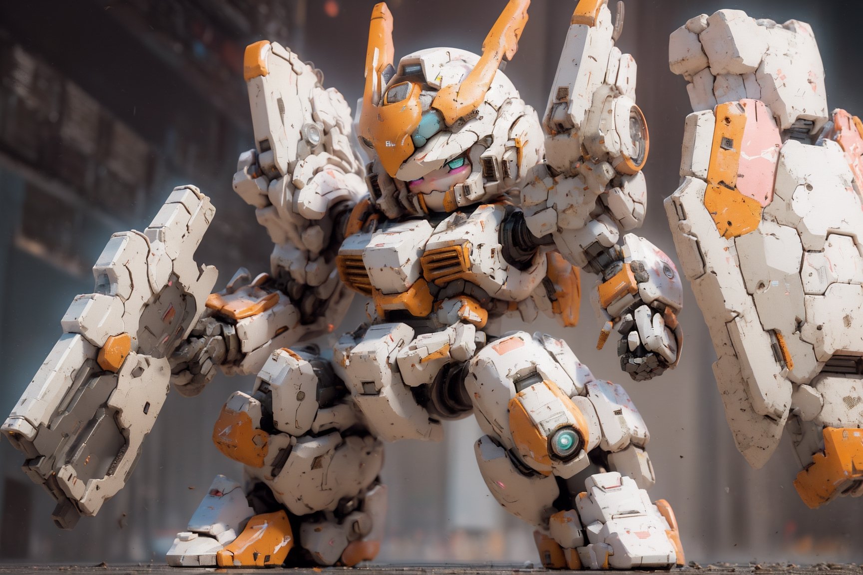 Best quality, masterpiece, high level of detail, ultra hires, masterpiece,  16k wallpaper,  absurdres, concept art,  high level of detail,  (HDR:1.4), blush_stickers,
BREAK

BJ_Cute_Mech, 1 bipedal mech,  solo, chibi,  extremely beautiful mech, perfect chibi full body,  mech in distance,  mechanical face,  mech face in detail,  huge mechanical head in detail,  hard surface face,  two huge jade eyes like mecanical camera lends, perfect chibi full body, extremely super small torso,  weapon,  (holding_shield in mech's left hand:1.5) ,  (gun:1.5),  helmet, holding_ mechanical weapon in mech's right hand, chibi android,  joints,  robot_joints,  orange rivet on joints,  hard surface,  heavy armored head and body, heavy armored arms and legs,
BREAK

//Background
(steampunk field  background:1.5),  depths of deep field, broken machines, many gears, many machines, 

//Effect
cinematic lighting, light effects, blooming light effects,paper collage, layered composition,structured patterns,(mixed media aprroach,  creative doodling, artistic expression, Zentangle:1.4), 