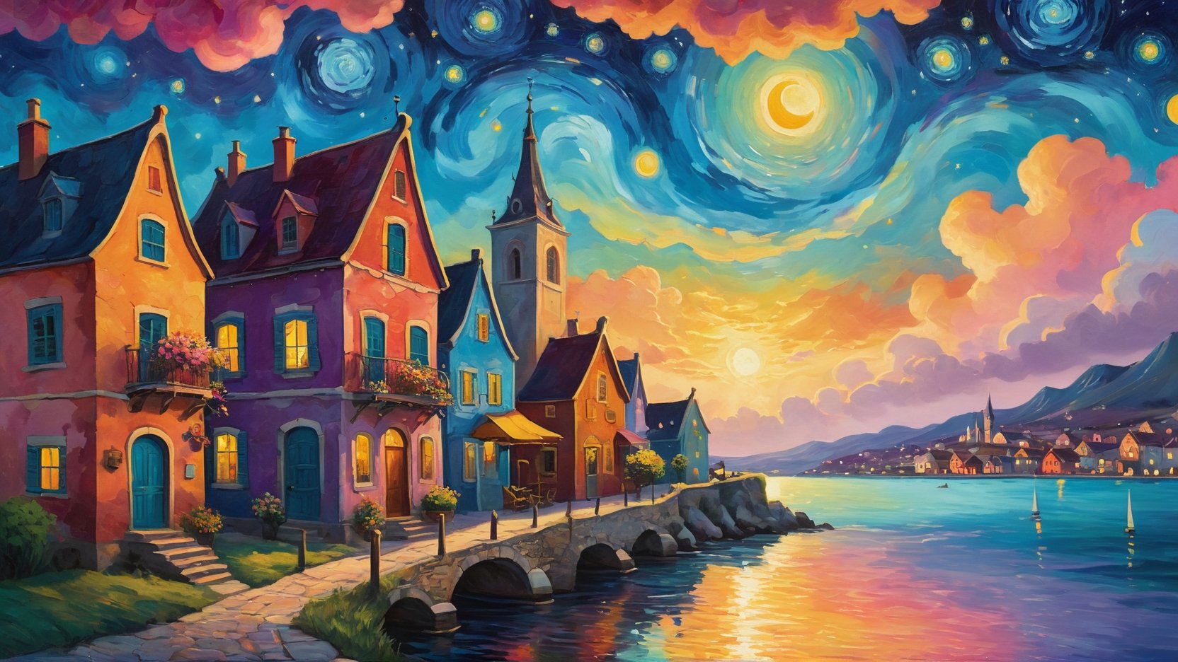 oil painting concept art, vibrant color, 

The starry night style, van gogh style, rough brush,

Colorful houses lining the old town surrounded by abundant flower. A peaceful night descends, with a beautiful sunset sky and colorful, storybook-like clouds, 

Create a whimsical and vibrant townscape with colorful, fantastical buildings, The color palette should include bright pinks, oranges, blues, and purples, with contrasting highlights and shadows to give depth, The brushwork should be smooth, with clean lines for the buildings and more fluid strokes for the sky and water reflections, The overall art style should evoke elements of surrealism mixed with folk art, Draw inspiration from artists like Marc Chagall for dreamlike scenes and Joan Miró for bold colors and shapes,

a image for a póster of psytrance festival, contains fractals, spiritual composition, the imagen evoke happiness and energy. the imagen contains organic textures and surreal composition. some parts of the image evoke a las trip