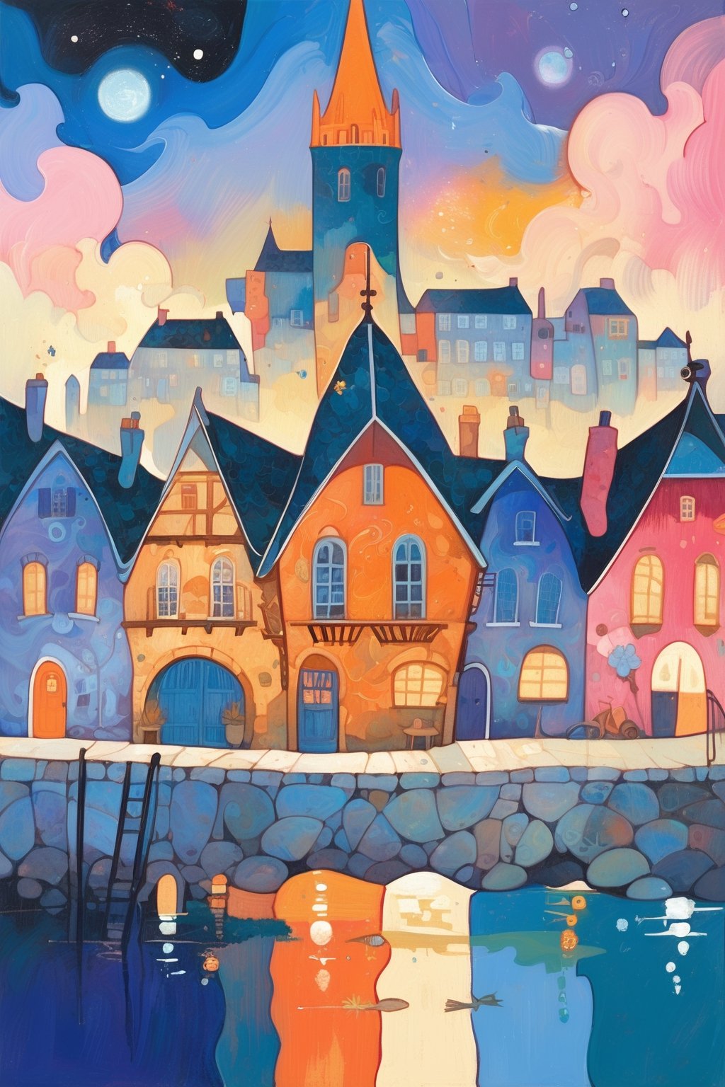 best quality, ultra highres, absurdres, oil painting concept art, 

Create a whimsical and vibrant port townscape with colorful, fantastical buildings,  The color palette should include bright pinks, oranges, vibrant color flowers, blues, and purples, with contrasting highlights and shadows to give depth, The brushwork should be smooth, with clean lines for the buildings and more fluid strokes for the sky and water reflections,  The overall art style should evoke elements of surrealism mixed with folk art, Draw inspiration from artists like Marc Chagall for dreamlike scenes and Joan Miró for bold colors and shapes,