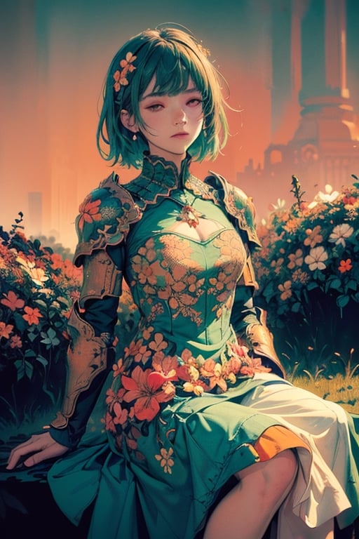 woman,  flower dress,  colorful,  darl background, flower armor, green theme, exposure blend,  medium shot,  bokeh,  (hdr:1.4),  high contrast,  (cinematic,  teal and orange:0.85),  (muted colors,  dim colors,  soothing tones:1.3),  low saturation