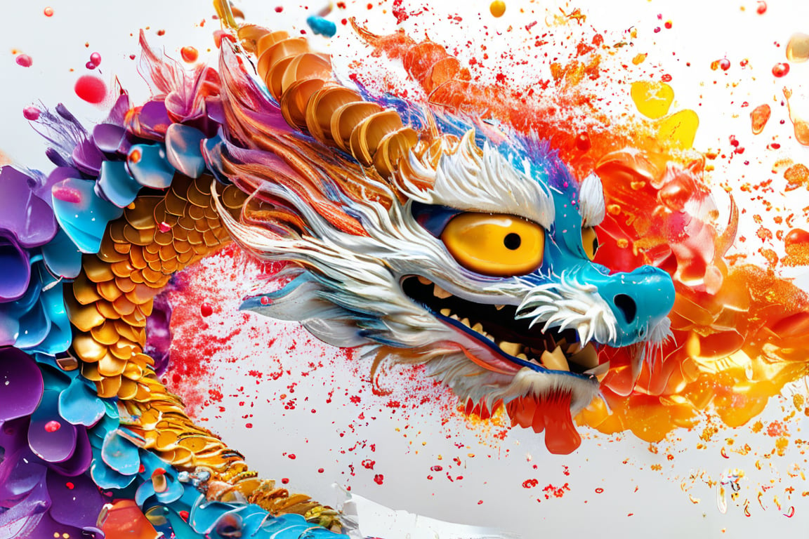 Whimsical Macro shot of a whimsical chinese  dragon with intricately large golden eyes, resembling a fluffy dragon with long hair, coming through a whole in the wall which is surrounded by multicolour splashes, head and paws first, white background, bright detailed eyes, Ultra High Definition,HD,3D 8k