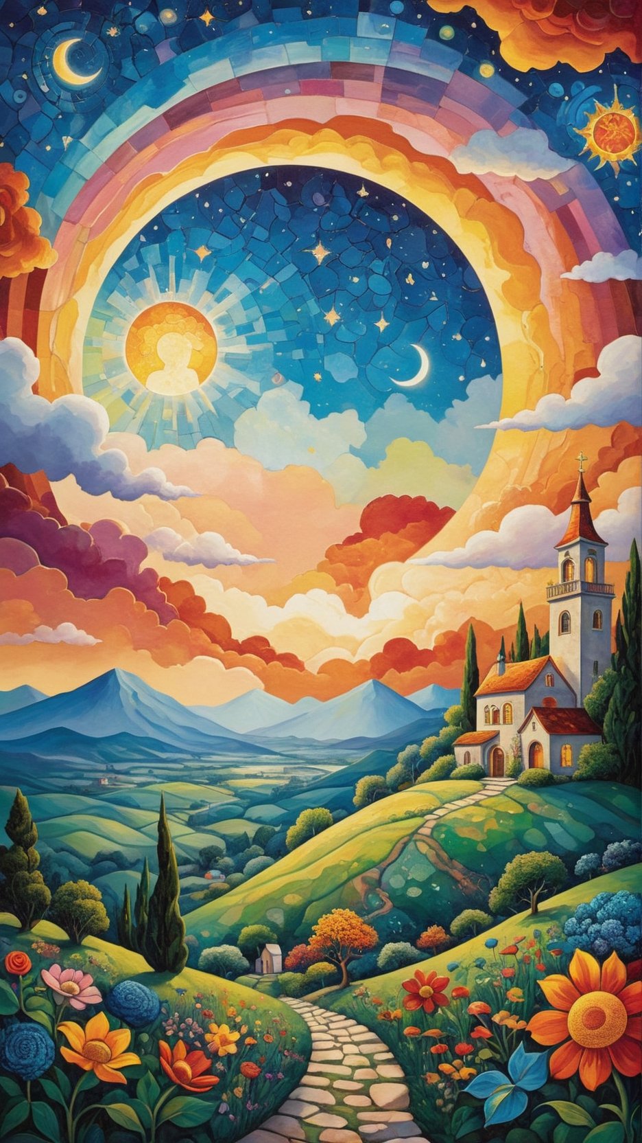 oil painting concept art, vibrant color, 

The Southern Star Atlas, (Teppei Sasakura style:1.5),  (Pointillism:1.3), (papercutting:1.2), cutout picture, (HDR:1.4), high contrast, intricately stained glass,

sunset, 1 Crescent moon, Cumulonimbus clouds with angel halo, a vibrant colorful stained glass clouds, (1 large stained glass sun flying in the sunset sky:1.3), Create a whimsical and vibrant flower garden townscape with colorful, fantastical buildings, many strange buildings, hill of a vibrant town, The color palette include vibrant warm colors with contrasting highlights and shadows to give depth, The brushwork is rough with clean lines for the buildings and more fluid strokes for the sky and water reflections, The overall art style evoke elements of surrealism mixed with folk art, Draw inspiration from artists like Marc Chagall for dreamlike scenes and Joan Miró for bold colors and shapes,

a image for a póster of psytrance festival, contains fractals, spiritual composition, the imagen evoke happiness and energy. the imagen contains organic textures and surreal composition. some parts of the image evoke a las trip,
