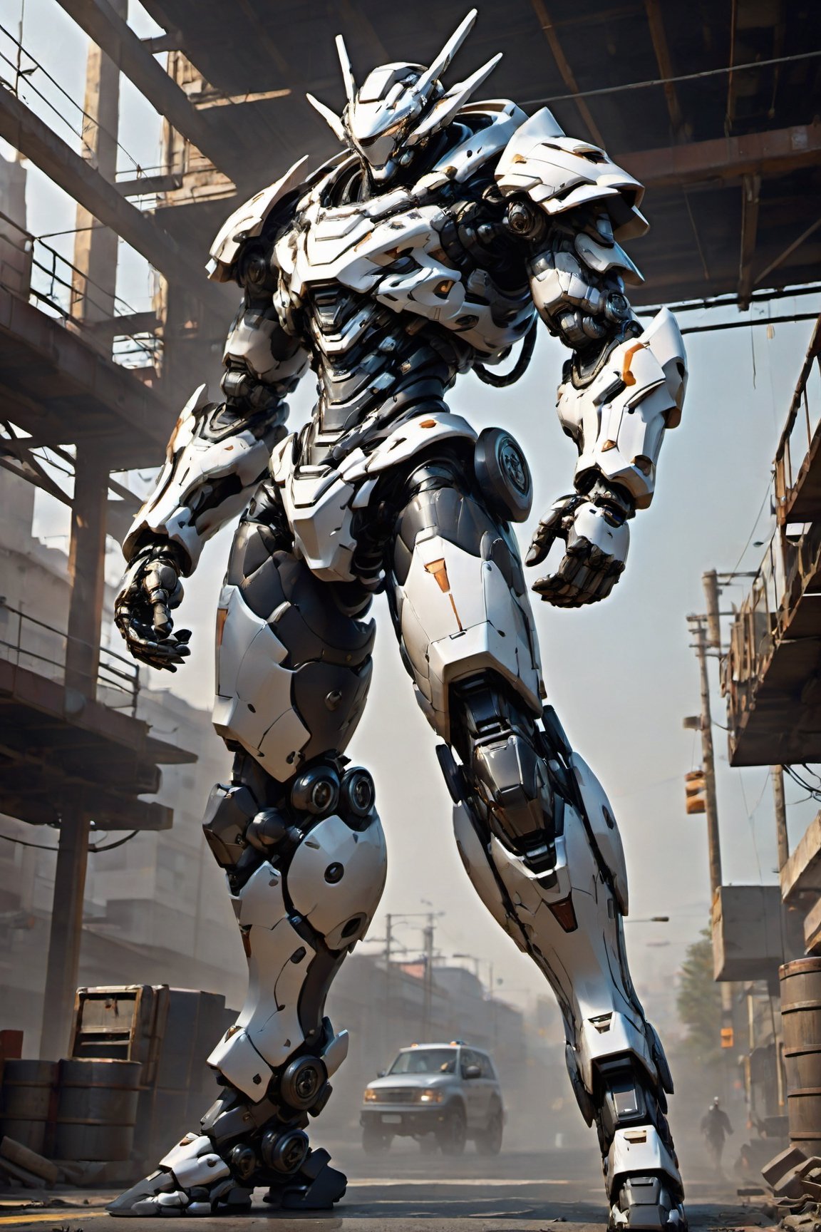 absurdres,ultra hires,ultra detailed, best quality,masterpiece, concept art, 8k wallpaper, 

(perfect barrel full body:1.3),((mecha, mech,slender, streamlined shape, smooth mech body:1.3)), thin waist, heavy machine, heavy mech android,mechanical face, intricately hard surface, (thick forearms and thick thighs:1.5), rivets on joints, attached many mechanical equipments, (((mwtal pyramid closed hood head:1.5))), (heavy armored thighs:1.3), (heavy armored forearms:1.3),(((full body shot))),thin arms, thin feet,