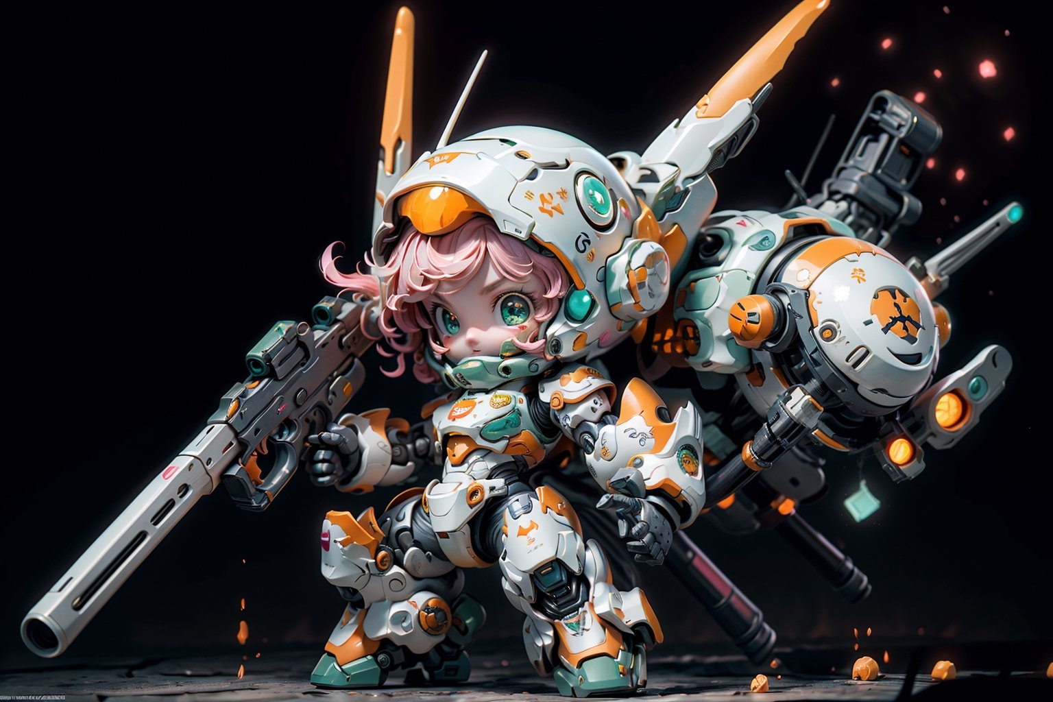 Best quality,masterpiece, strong contrast, high level of detail,Best quality,masterpiece, 16k wallpaper, concept art, high level of detail, strong contrast,

BJ_Cute_Mech,1 mech, solo, mech in distance , looking_at_viewer, holding, standing, perfect chibi full body, weapon, chibi, holding_weapon, gun,blush_stickers, helmet,holding_gun, android, huge jade eyes like lends, joints, robot_joints, orange rivet on joints,

steampunk battle field  background, depths of deep field,

cinematic lighting, 