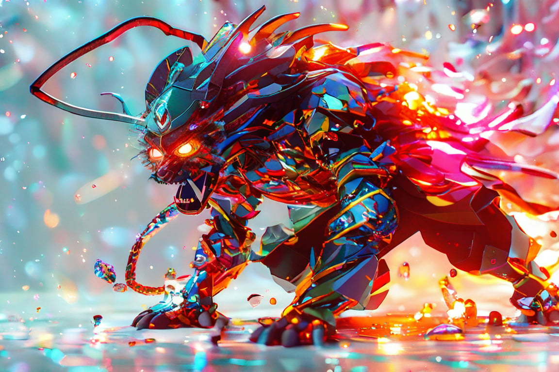 A shining samurai with a cybernetic crystal beast, crawling over a luminous, Whimsical Macro shot of a whimsically phantom beast with large golden eyes, resembling a samurai with fire Scales armor, (coming through a whole in the wall which is surrounded by multicolour splashes:1.3), head and paws first, white background,, Ultra High Definition,HD,3D 8k