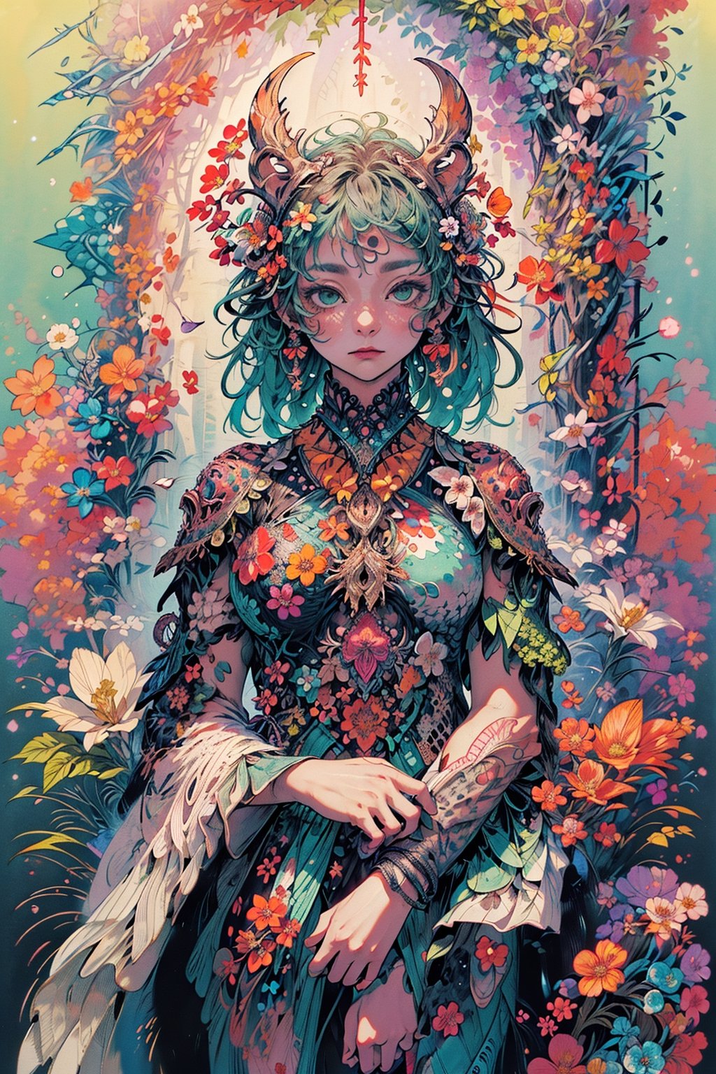 high resolution,  ultra detailed,  (masterpiece:1.4),  taeri,  busty,  super photo realistic illustration,  highres,  ultla detailed,  absurdres,  best quality,  woman,  flower dress,  colorful,  darl background,  flower armor,  green theme,  exposure blend,  medium shot,  bokeh,  (hdr:1.4),  high contrast,  (cinematic,  teal and orange:0.85),  (muted colors,  dim colors,  soothing tones:1.3),  (god bless you:1.3), 
compassionate expression,  empathetic,  caring,  kind, 
content expression,  satisfied,  pleased,  gratified, 
thoughtful expression,  pensive,  reflective,  contemplative, 
determined expression,  resolute,  purposeful,  firm, 

(colorful:1.5),  glowing lights,  pillar of lights,  blooming light effect, 
papier colle,  paper collage,  layered compositions,  varied textures,  abstract designs,  artistic juxtapositions,  mixed-media approach, 
(Zentangle:1.5),  structured patterns,  meditative drawing,  intricate designs,  focus and relaxation,  creative doodling,  artistic expression