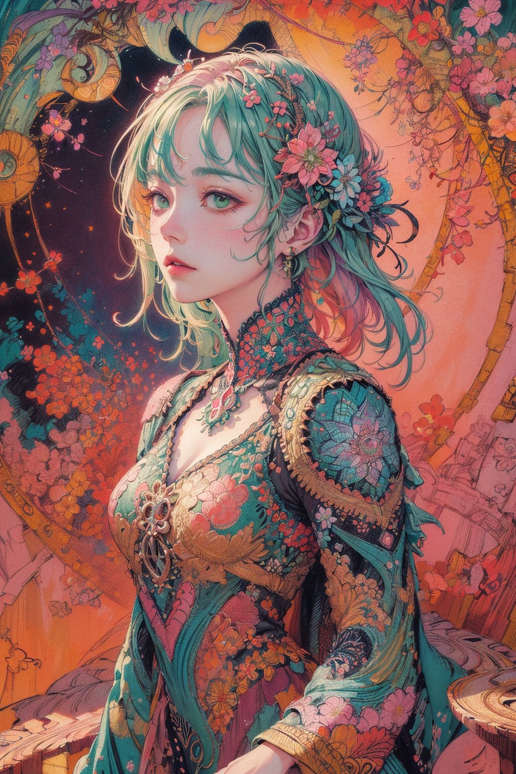 high resolution,  ultra detailed,  (masterpiece:1.4), taeri,  super photo realistic illustration, highres, ultla detailed, absurdres,  best quality, woman,  flower dress,  colorful,  darl background, flower armor, green theme, exposure blend,  medium shot,  bokeh,  (hdr:1.4),  high contrast,  (cinematic,  teal and orange:0.85),  (muted colors,  dim colors,  soothing tones:1.3),  

(colorful:1.5), glowing lights, pillar of lights, blooming light effect,
papier colle, paper collage, layered compositions, varied textures, abstract designs, artistic juxtapositions, mixed-media approach,
(Zentangle:1.5), structured patterns, meditative drawing, intricate designs, focus and relaxation, creative doodling, artistic expression,