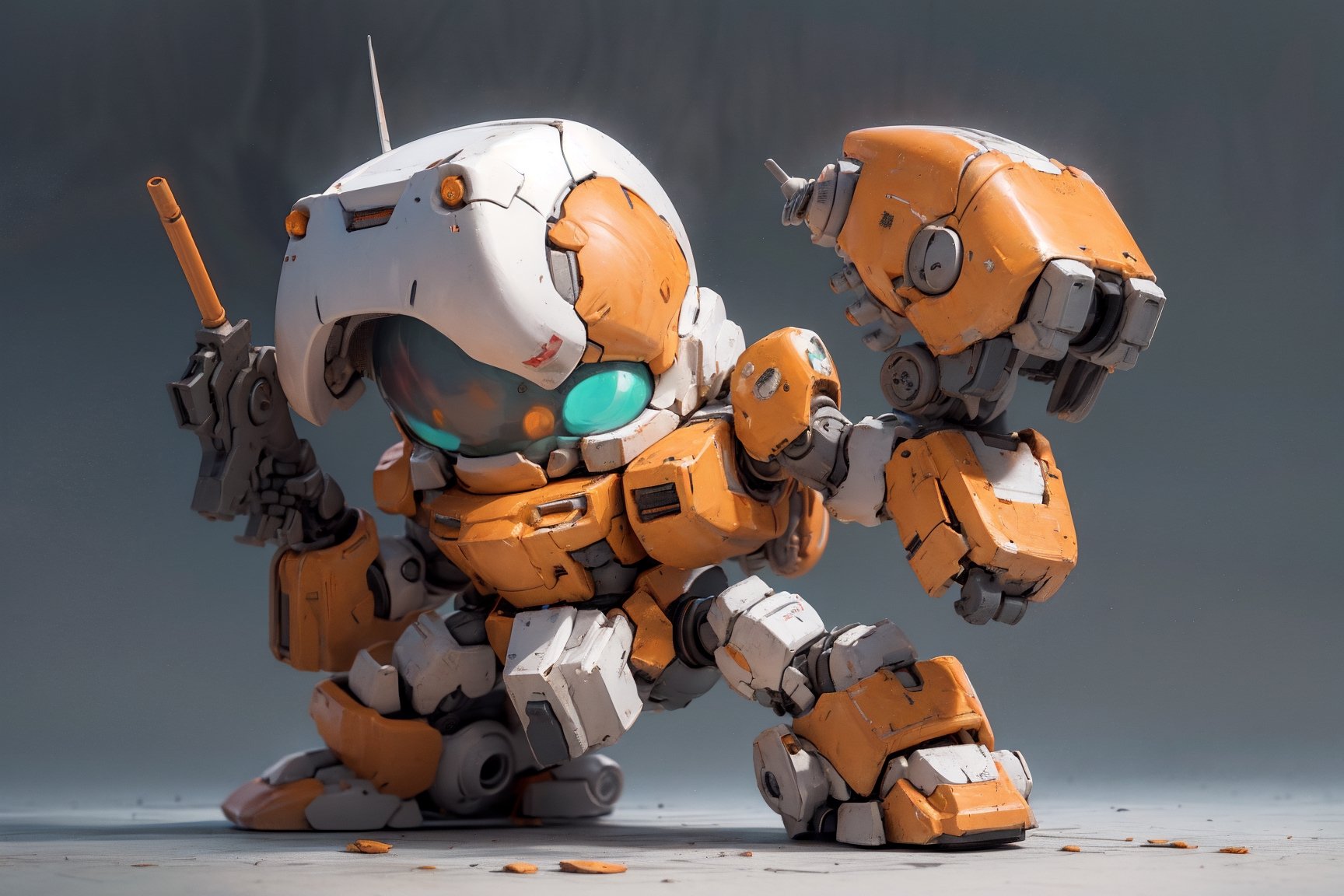 Best quality, masterpiece, high level of detail, ultra hires, masterpiece,  16k wallpaper,  absurdres, concept art,  high level of detail,  (HDR:1.4), blush_stickers,
BREAK

BJ_Cute_Mech, 1 bipedal mech,  solo,  extremely beautiful mech, perfect chibi full body,  mech in distance,  mechanical face,  mech face in detail,  huge mechanical head in detail,  hard surface face,  two huge jade eyes like mecanical camera lends, perfect chibi full body, extremely small torso,  weapon,  holding_shield in mech's left hand ,  Assault rifle,  helmet, holding_ Assault rifle in mech's right hand,  android,  


joints,  robot_joints,  orange rivet on joints,  hard surface,  heavy armored head and body, heavy armored arms and legs, the mech is white and orange in color,  the mech has a round head and a triangular visor,  the mech’s head is small,  the mech’s head is integrated with the mech’s body,  no neck,  The mech’s body is a small white oval-shaped box,  the box is connected to the mech’s head and shoulders,  the body has an orange line on the front,  the line separates the mech’s chest and abdomen,  the body has an orange circular part on the side,  the part separates the mech’s waist and abdomen, standing pose,  
BREAK

//Background
steampunk battle field  background,  depths of deep field, broken machines, many gears, many machines, 

//Effect
cinematic lighting, light effects, blooming light effects,paper collage, layered composition,structured patterns,(mixed media aprroach,  creative doodling, artistic expression, Zentangle:1.4), ,battlebots