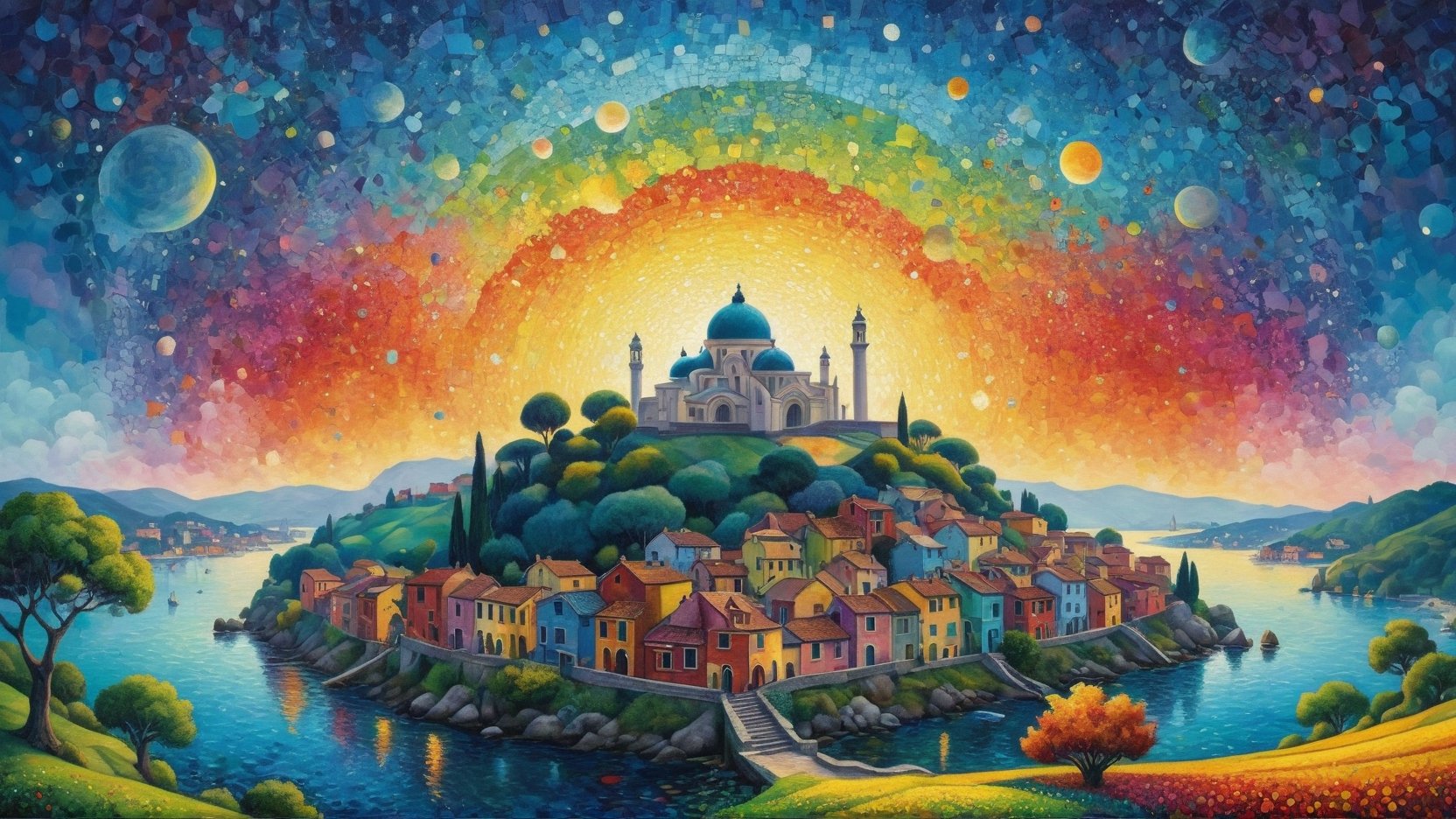 oil painting concept art, vibrant color, 

(The Southern Star Atlas:1.5), (Teppei Sasakura style:1.5),  (Pointillism:1.3), (papercutting:1.2), cutout picture, (HDR:1.4), high contrast, 

rainbow, sunshine, Create a whimsical and vibrant townscape with colorful, colorful flower field in front of fantastical houses, Venice is a city on water, The color palette include vibrant warm colors with contrasting highlights and shadows to give depth, The brushwork is rough with clean lines for the buildings and more fluid strokes for the sky and water reflections, The overall art style evoke elements of surrealism mixed with folk art, Draw inspiration from artists like Marc Chagall for dreamlike scenes and Joan Miró for bold colors and shapes,

a image for a póster of psytrance festival, contains fractals, spiritual composition, the imagen evoke happiness and energy. the imagen contains organic textures and surreal composition. some parts of the image evoke a las trip,