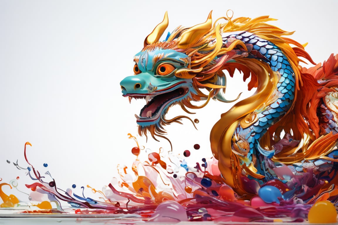 Whimsical Macro shot of a whimsical chinese  dragon with intricately large golden eyes, resembling a fluffy dragon with long hair like frame, coming through a whole in the wall which is surrounded by multicolour splashes, head and paws first, white background, bright detailed eyes, Ultra High Definition,HD,3D 8k, full body shot, 