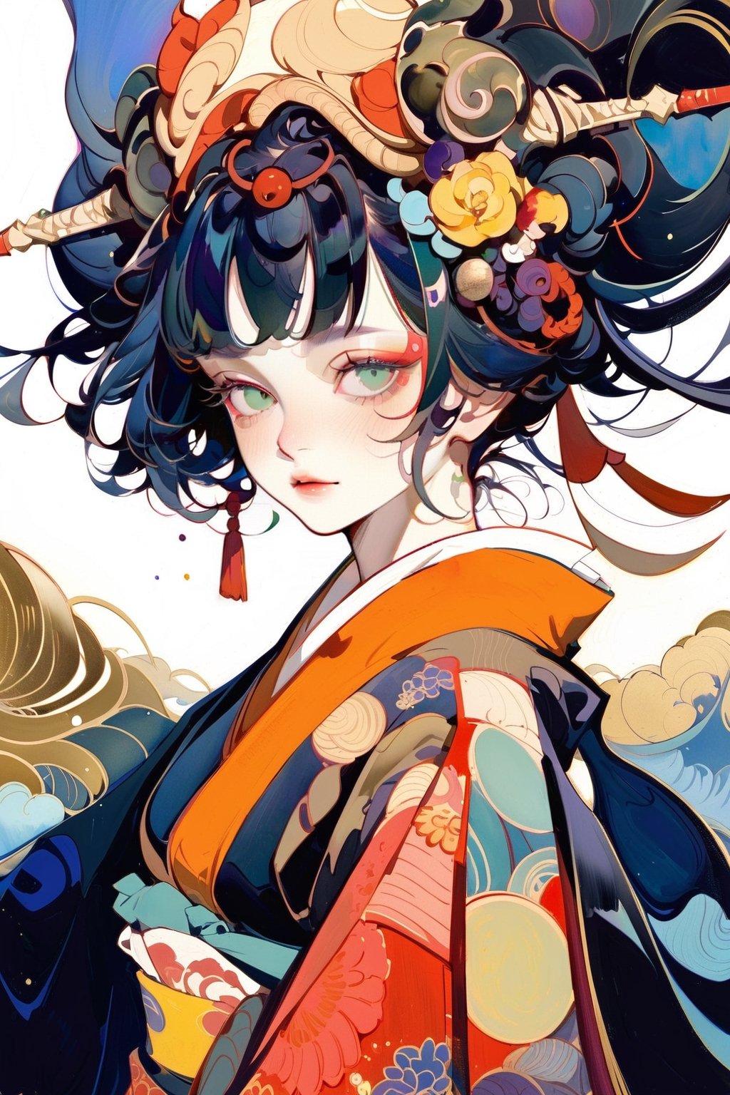high resolution,  ultra detailed,  (masterpiece:1.4), taeri,  busty, super photo realistic illustration, highres, ultla detailed, absurdres,  best quality,

 from front  shot, looking away, close up shot, face focus, head shot,

1 beautiful woman, oiran girll, female oiran, vibrant, kimono dress, ultra detailed eyes, colorful, darl background, kimono armor, vibrant color theme, exposure blend,  bokeh, (hdr:1.4), high contrast,  (cinematic,  teal and orange:0.85),  (muted colors,  dim colors,  soothing tones:1.3),  
BREAK

(god bless you:1.3),
compassionate expression, empathetic, caring, kind, content expression, satisfied, pleased, gratified, thoughtful expression, pensive, reflective, contemplative, determined expression, resolute, purposeful, firm,
BREAK

(colorful:1.5), glowing lights, pillar of lights, blooming light effect, papier colle, paper collage, layered compositions, varied textures, abstract designs, artistic juxtapositions, mixed-media approach,
(Zentangle:1.5), structured patterns, meditative drawing, intricate designs, focus and relaxation, creative doodling, artistic expression, dragonbaby, CrclWc,watercolor \(medium\),warrior