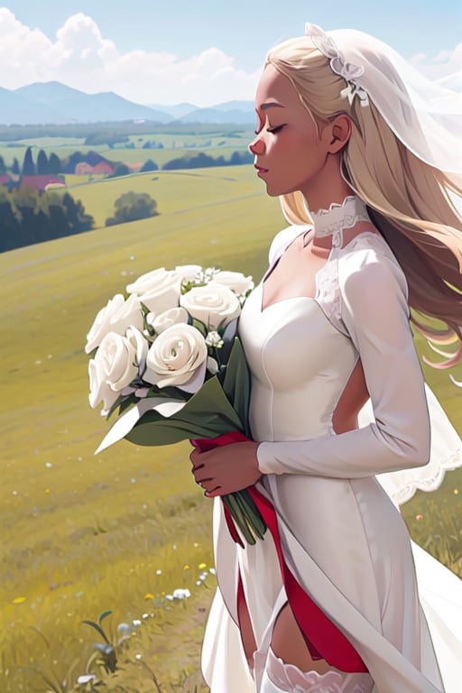 blonde hair, long straight hair, closed eyes, dark skin, hair fluttering in the wind, top of the hill, 1girl,
White Wedding dress, white lace thighhighs, throw a bouquet, side profile, upper body close-up