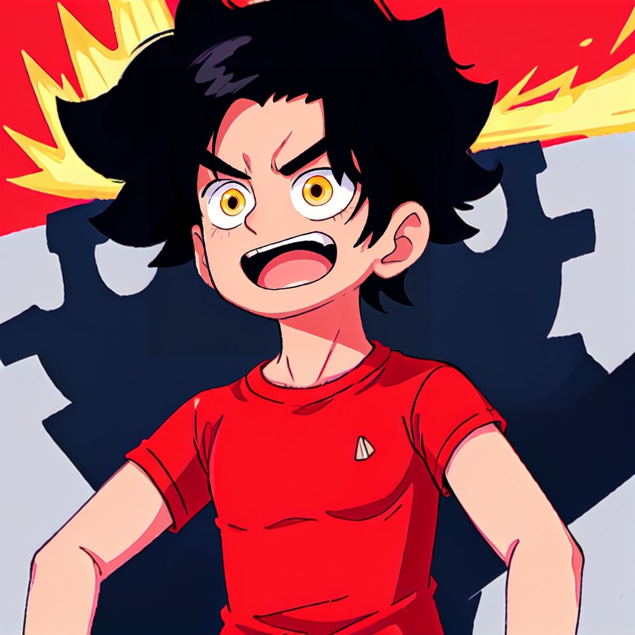 A black hair boy with a red shirt with a yellow thunder 
oda eiichirou