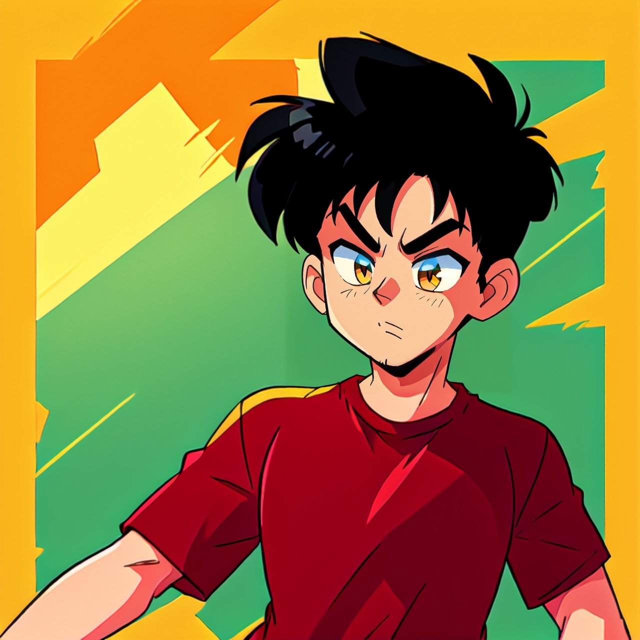 A black hair boy with a red shirt with a yellow thunder 
,1990s \(style\)