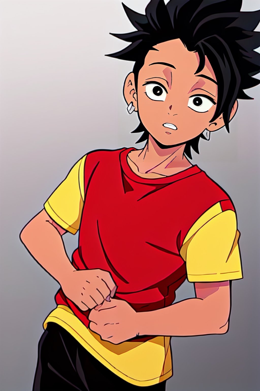 A black hair boy with a red and yellow shirt
