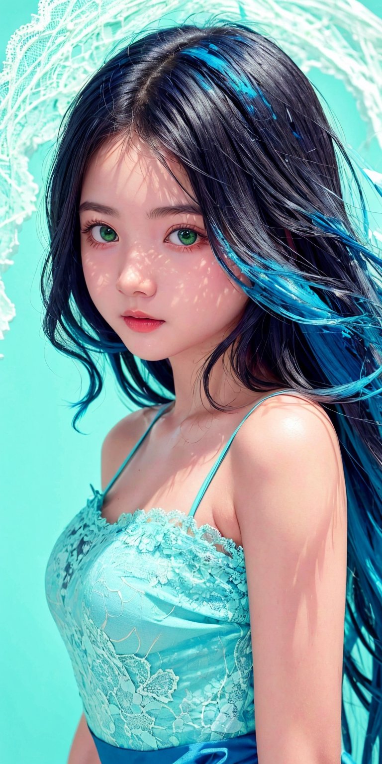 (1cute girl), long blue curly hair, green eyes, wearing a beautiful baby blue lace dress. White skin, splat art background, eye_detail, background_detail, face_detail, hair_detail, more_detail, add_detail, adddetailed, cute_face,bul4n