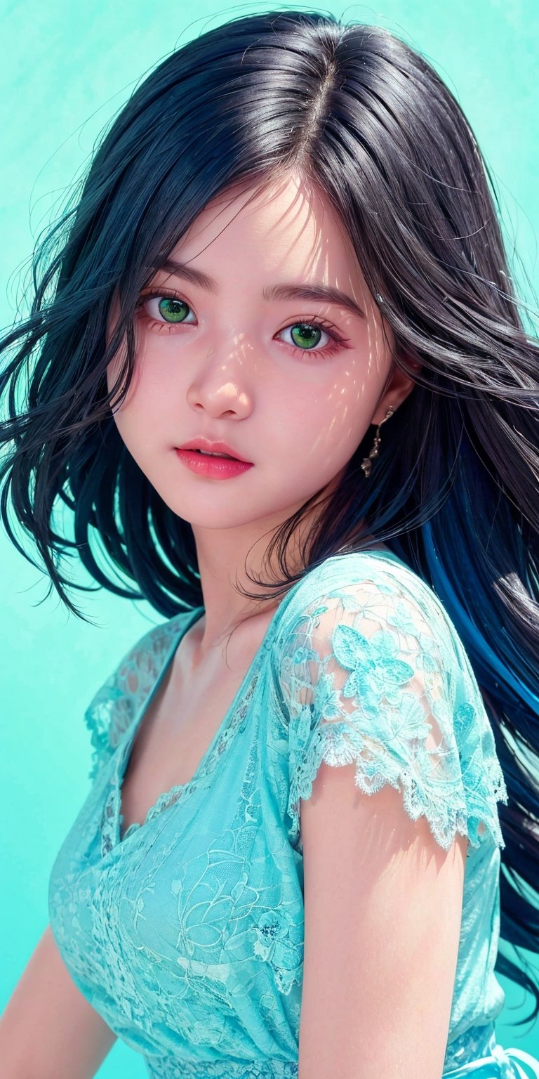 (1cute girl), long blue curly hair, green eyes, wearing a beautiful baby blue lace dress. White skin, splat art background, eye_detail, background_detail, face_detail, hair_detail, more_detail, add_detail, adddetailed, cute_face,bul4n