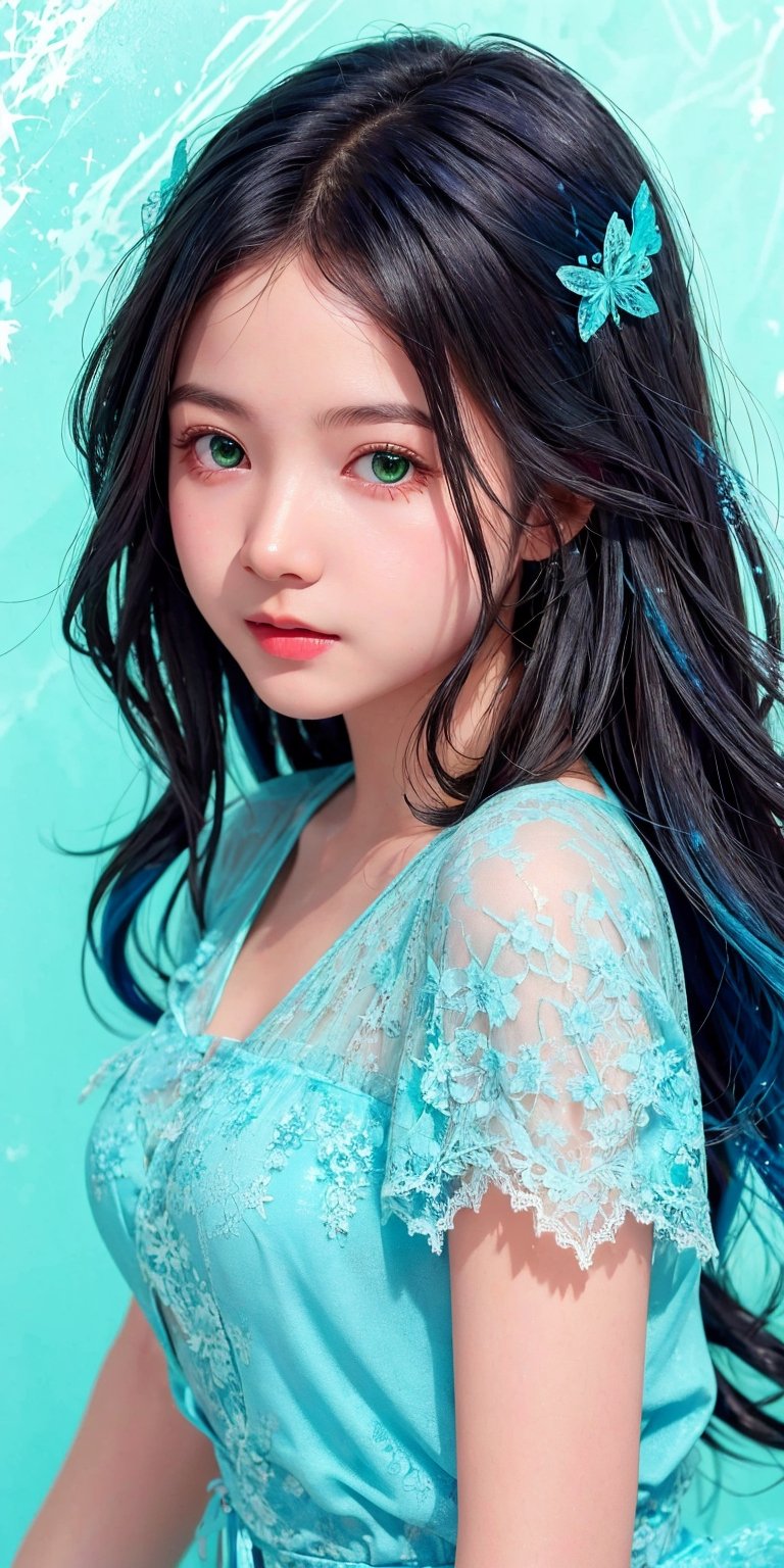 (1cute girl), long blue curly hair, green eyes, wearing a beautiful baby blue lace dress. White skin, splat art background, eye_detail, background_detail, face_detail, hair_detail, more_detail, add_detail, adddetailed, cute_face,bul4n