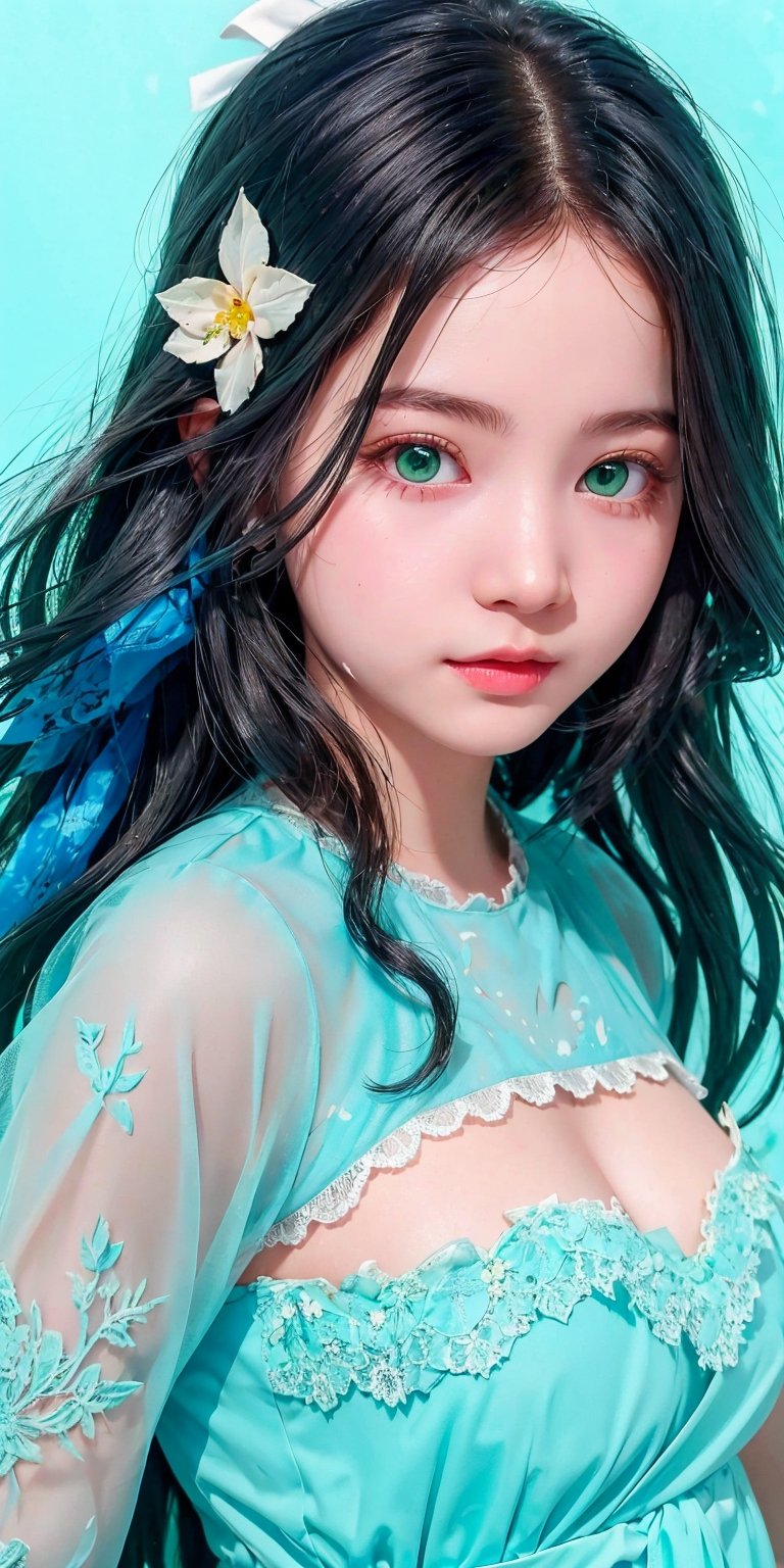 (1cute girl), long blue curly hair, green eyes, wearing a beautiful baby blue lace dress. White skin, splat art background, eye_detail, background_detail, face_detail, hair_detail, more_detail, add_detail, adddetailed, cute_face,bul4n