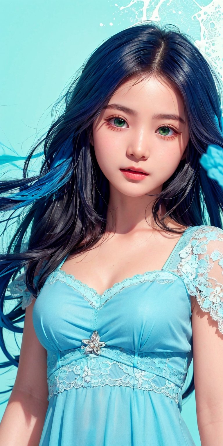 (1cute girl), long blue curly hair, green eyes, wearing a beautiful baby blue lace dress. White skin, splat art background, eye_detail, background_detail, face_detail, hair_detail, more_detail, add_detail, adddetailed, cute_face,bul4n