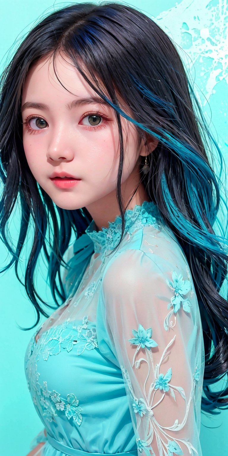 (1cute girl), long blue curly hair, green eyes, wearing a beautiful baby blue lace dress. White skin, splat art background, eye_detail, background_detail, face_detail, hair_detail, more_detail, add_detail, adddetailed, cute_face,bul4n