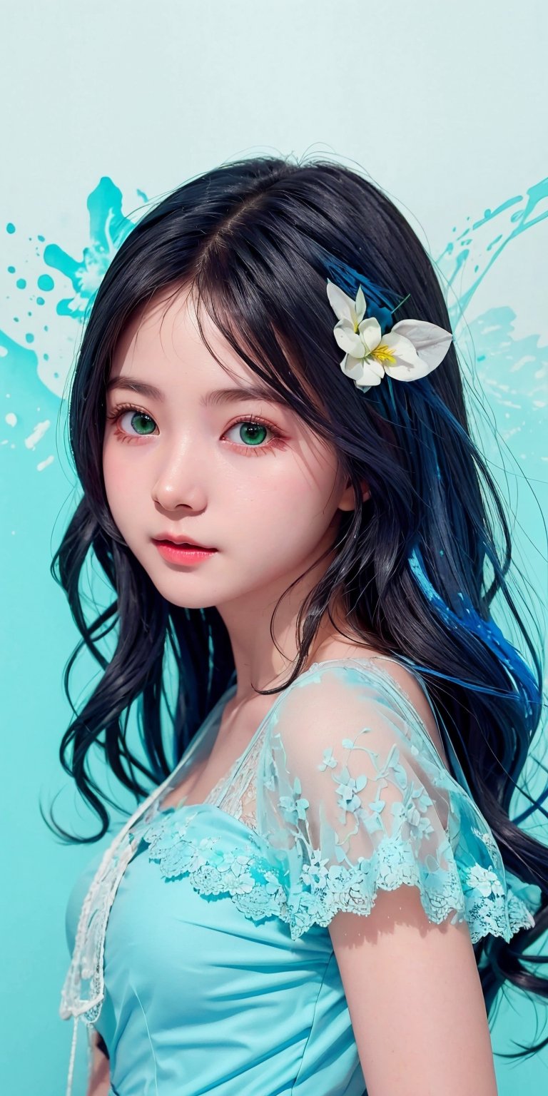 (1cute girl), long blue curly hair, green eyes, wearing a beautiful baby blue lace dress. White skin, splat art background, eye_detail, background_detail, face_detail, hair_detail, more_detail, add_detail, adddetailed, cute_face,bul4n