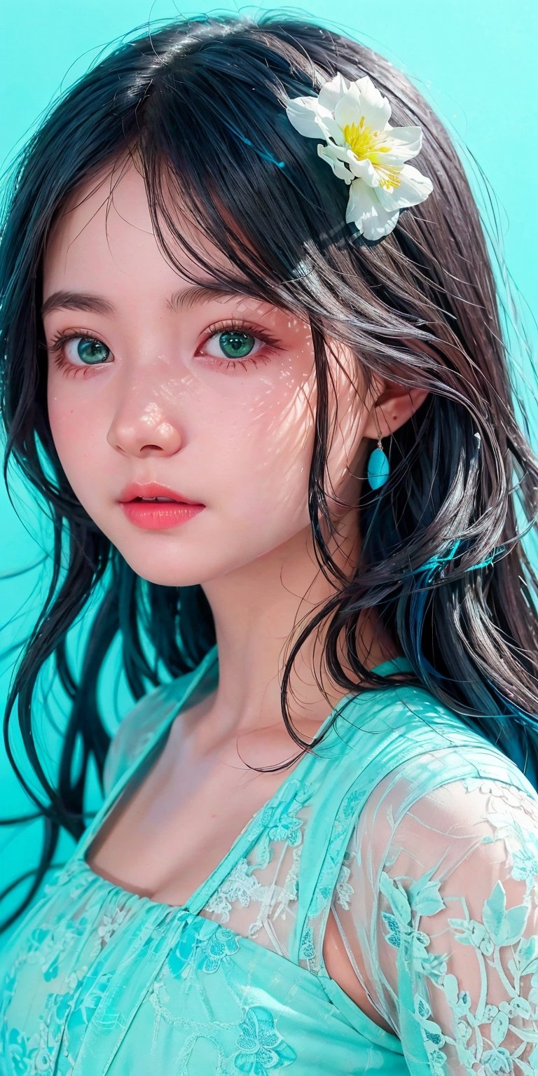 (1cute girl), long blue curly hair, green eyes, wearing a beautiful baby blue lace dress. White skin, splat art background, eye_detail, background_detail, face_detail, hair_detail, more_detail, add_detail, adddetailed, cute_face,bul4n