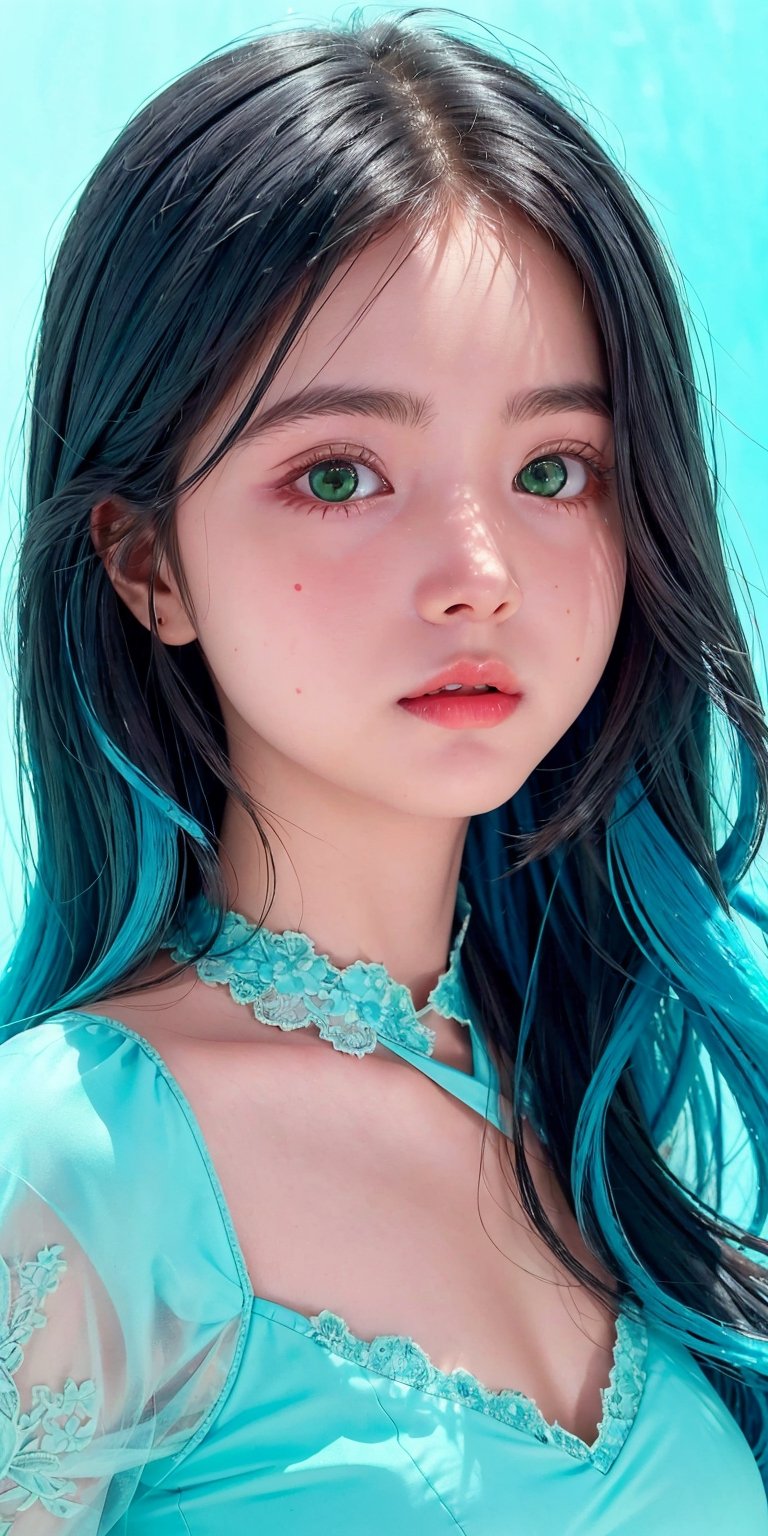 (1cute girl), long blue curly hair, green eyes, wearing a beautiful baby blue lace dress. White skin, splat art background, eye_detail, background_detail, face_detail, hair_detail, more_detail, add_detail, adddetailed, cute_face,bul4n