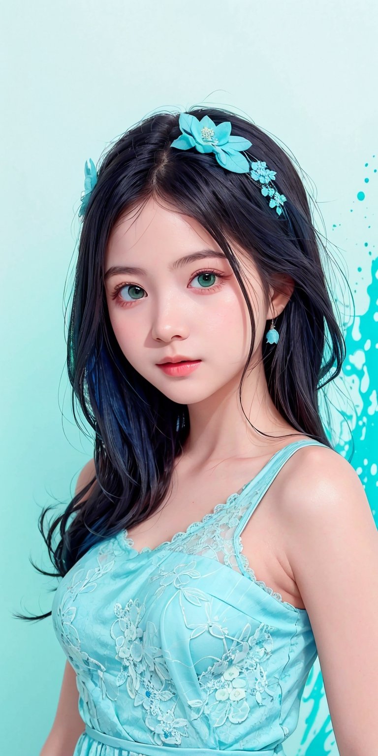 (1cute girl), long blue curly hair, green eyes, wearing a beautiful baby blue lace dress. White skin, splat art background, eye_detail, background_detail, face_detail, hair_detail, more_detail, add_detail, adddetailed, cute_face,bul4n