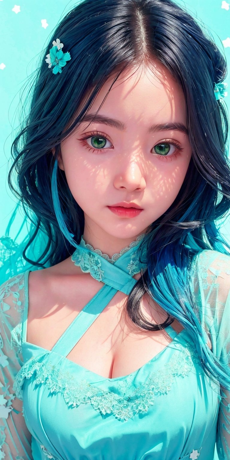 (1cute girl), long blue curly hair, green eyes, wearing a beautiful baby blue lace dress. White skin, splat art background, eye_detail, background_detail, face_detail, hair_detail, more_detail, add_detail, adddetailed, cute_face,bul4n