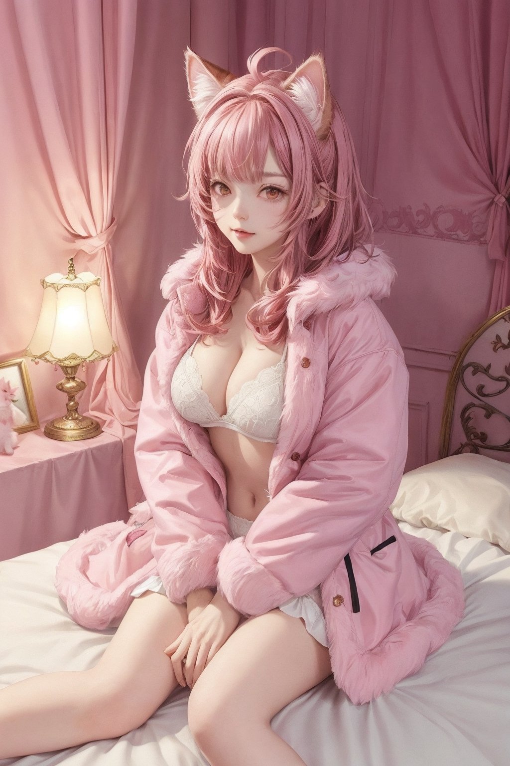 girl, white_underwear, fluffy_coat, pink_coat, medium_hair, bed_head, black_hair, brown_hair, fluffy_ears, cat_ears, pink_cat_ears, sitting on bed, pink_carpet, red_curtains, night, old_lamp, big_breasts