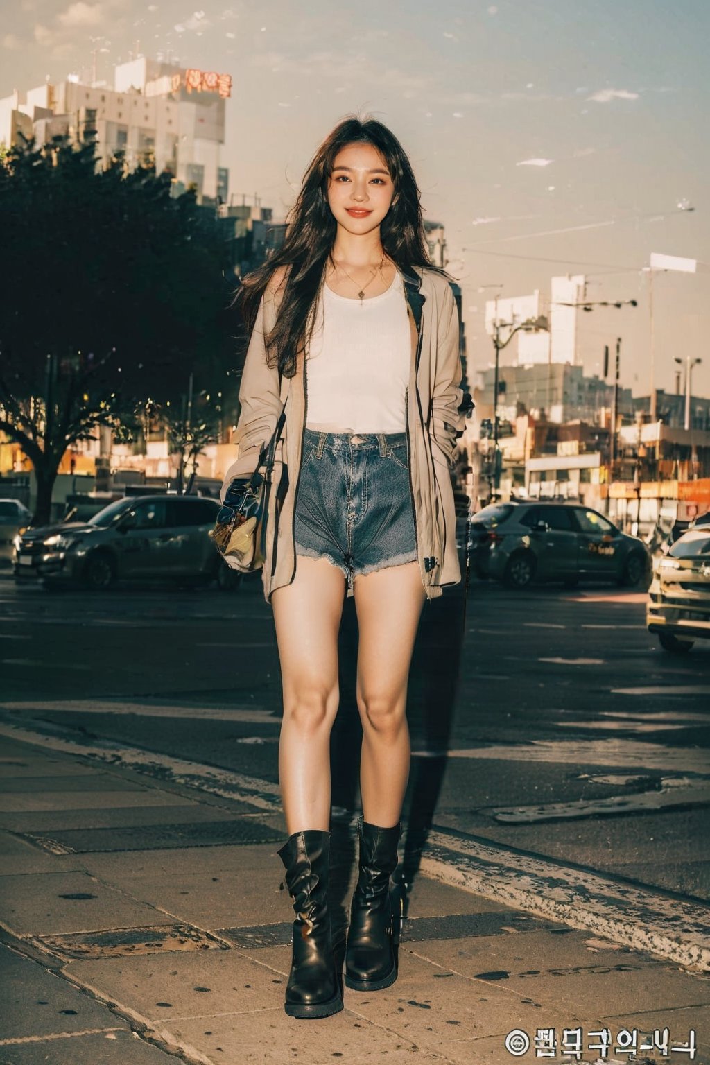 (masterpiece, top quality, best quality,1girls,Korean, beautiful face, smile, long hair, 19 years old, tank top, jacket, shorts, boots, hills, full body view, sunset,flash