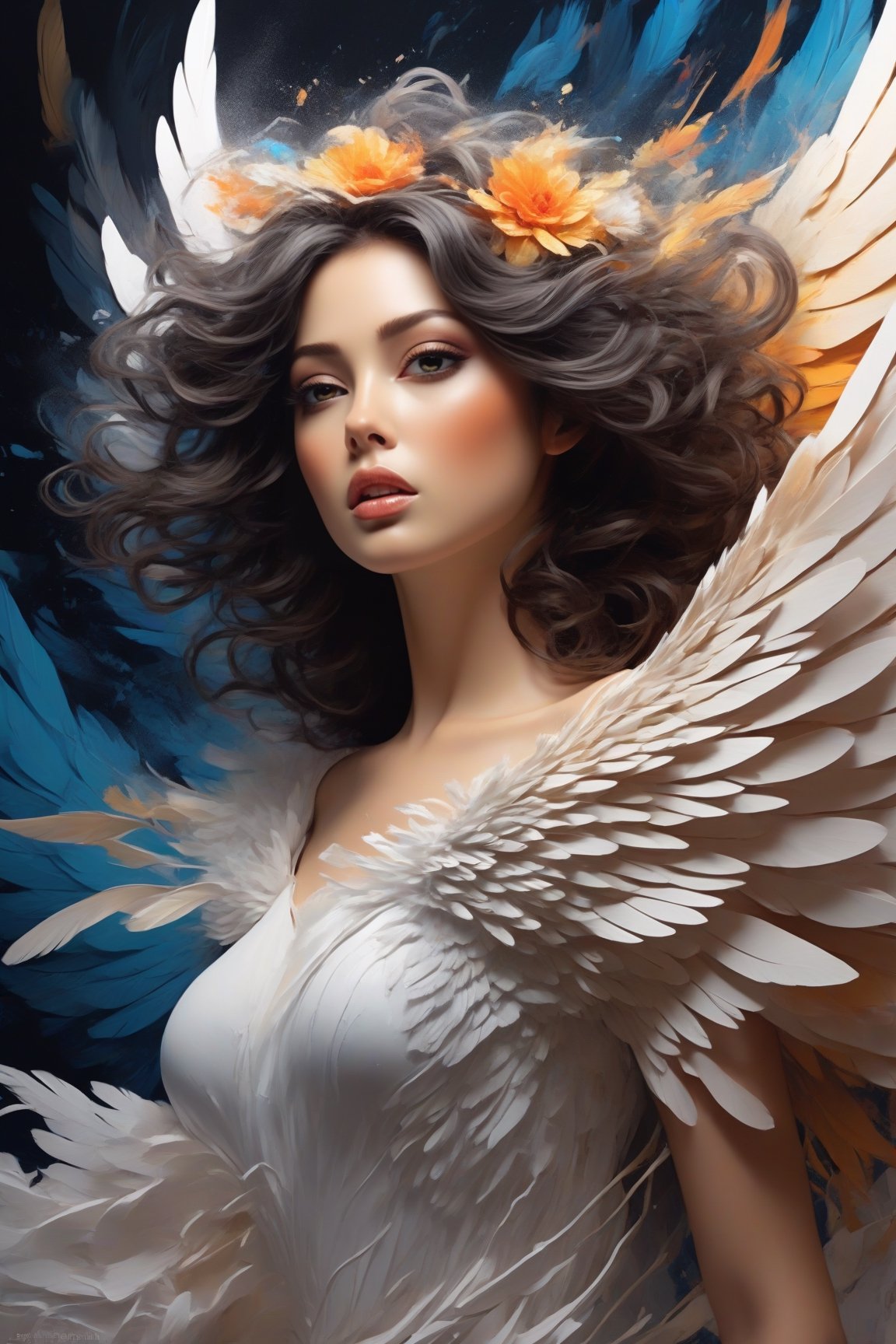 best quality,4k,8k,highres,masterpiece:1.2,ultra-detailed,(realistic,photorealistic,photo-realistic:1.37),portrait,angel,chaotic,beautiful,ethereal light,feathers,wings,heavenly,serene expression,vibrant colors,dramatic,haunting,divine presence,glowing eyes,crown,flowing gown,graceful movement,sparkles,softness,powerful,celestial,otherworldly atmosphere
The image quality is of the highest standard, with ultra-detailed rendering and sharp focus. The colors are vivid and vibrant, bringing the artwork to life. The lighting is carefully crafted, casting dynamic shadows and highlighting the woman's features. The overall result is a masterpiece of art, evoking a sense of awe and fascination.

The style of the artwork is a fusion of traditional and contemporary, with elements of realism and abstraction. It showcases the beauty and complexity of the human form, while also capturing the raw and untamed energy of creativity. The color palette is diverse, ranging from warm and earthy tones to cool and vibrant hues. The composition is carefully balanced, with the woman as the central focus, surrounded by the mesmerizing chaos of the background.

In summary, the prompt represents a stunning visual portrayal of a beautiful woman amidst a vibrant and chaotic mess of colors and textures. The high-quality rendering, attention to detail, and artistic style combine to create a mesmerizing and captivating artwork.,cyborg style