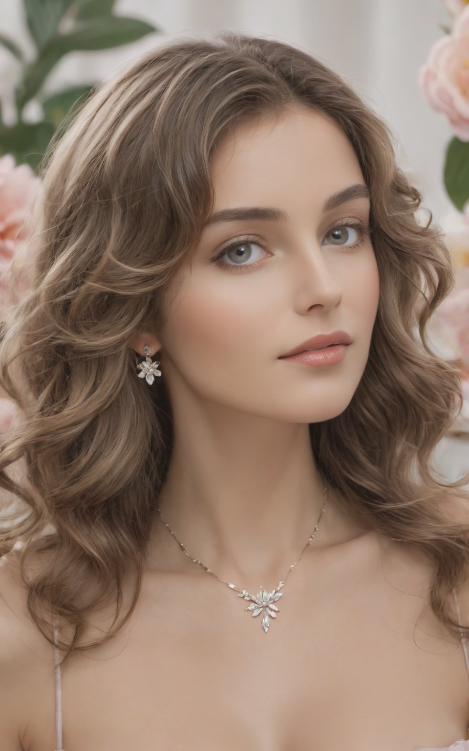  portrait of a nude woman, Charming brown-haired, gray and silver shades, flowers in the background, curly flowing hair, long earrings, necklace, delicate flowers, pastel shades, aesthetics, makeup, silk, soft illumination, focus on the eyes, photo portrait, enhanced fake rounded large breasts 32DD, showing boobs, realistic nipples, perky nipples, show nipples, bohemian rich background, botanical digital art, high resolution, professional portrait, HD, hyperrealism, high detail, Broken Glass effect, no background, stunning, something that even doesn't exist, mythical being, energy, molecular, textures, iridescent and luminescent scales, breathtaking beauty, pure perfection, divine presence, unforgettable, impressive, breathtaking beauty, Volumetric light, auras, rays, vivid colors reflects,detailmaster2