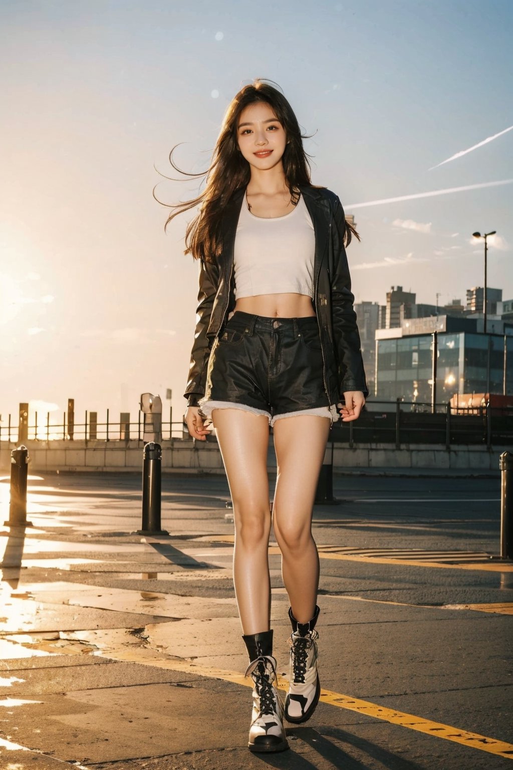 (masterpiece, top quality, best quality,1girls,Korean, beautiful face, smile, long hair, 19 years old, tank top, jacket, shorts, boots, hills, full body view, sunset,flash