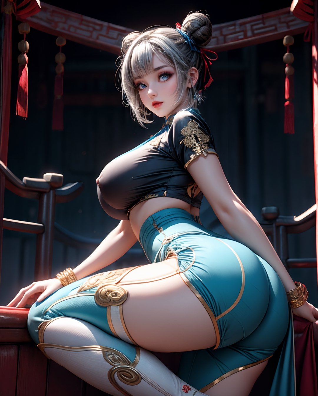 ((1 girl, adorable, happy)), ((hair bun, double bun, erotic chinese clothes, pelvic curtain, bracelet, ribbon, short blue pants, short sleeves)), (hairband, white hair, short hair, blue eyes, makeup), (large breasts, large ass, thick thighs, wide hips, voloptuous), elegant pose, looking at viewer, more detail,cyberhanfu